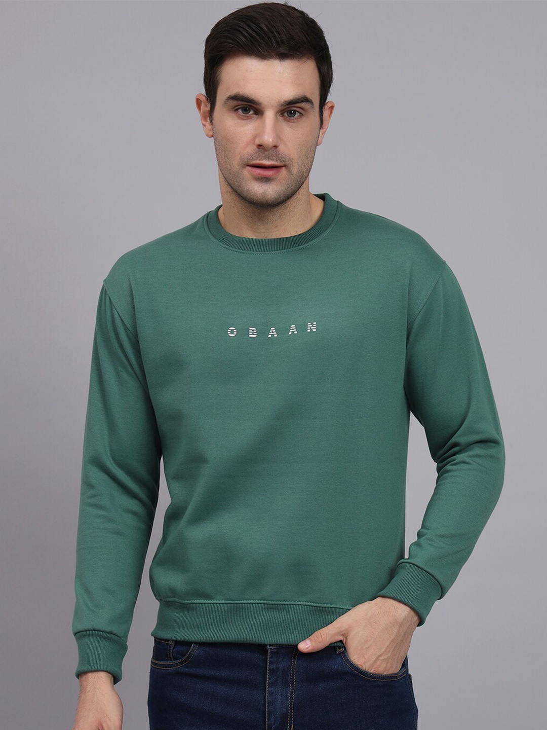 

Obaan Round Neck Cotton Pullover Sweatshirt, Green