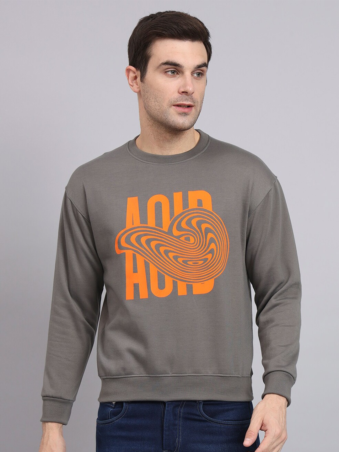 

Obaan Graphic Printed Cotton Pullover Sweatshirt, Grey