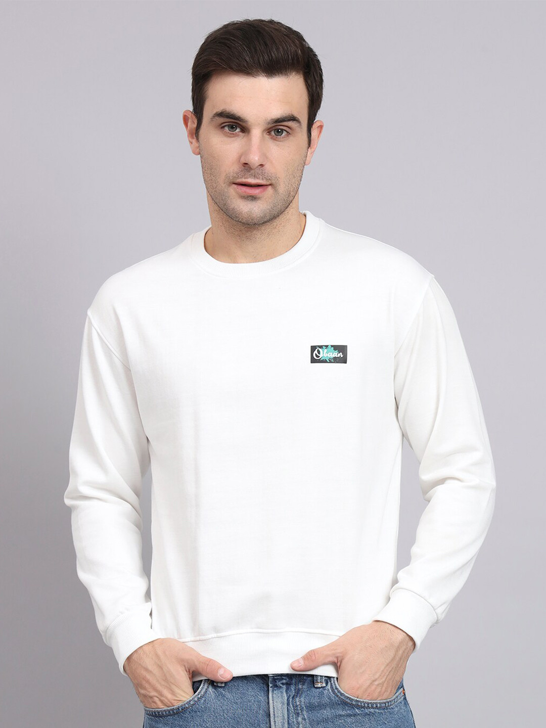 

Obaan Round Neck Cotton Pullover Sweatshirt, White