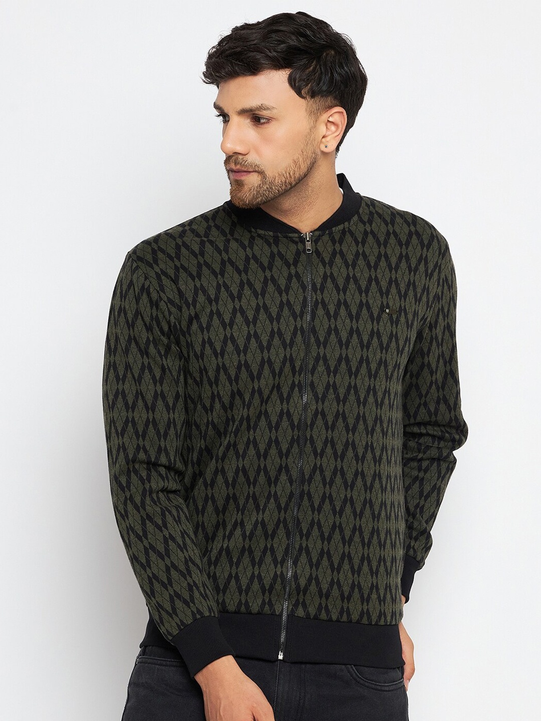 

Duke Geometric Printed Mandarin Collar Long Sleeves Fleece Front-Open Sweatshirt, Olive
