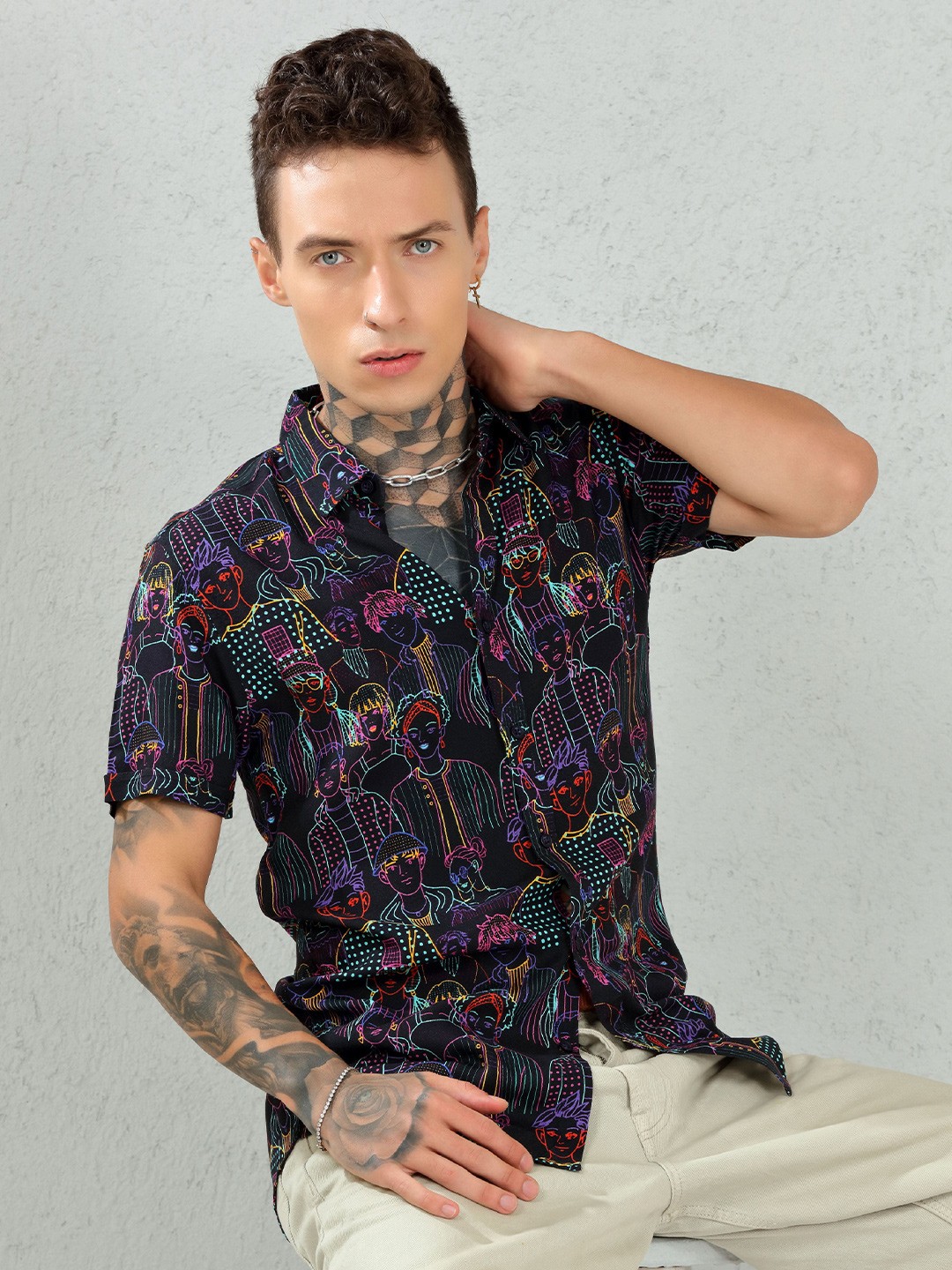 

DIMEH Printed Smart Slim Fit Casual Shirt, Black