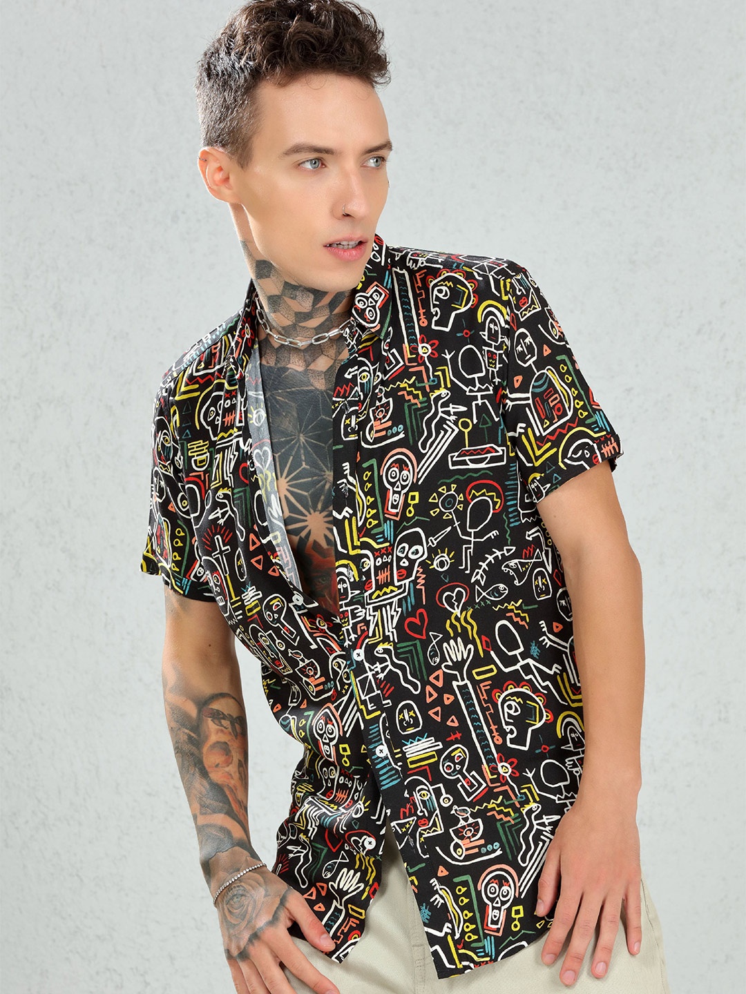 

DIMEH Printed Smart Slim Fit Casual Shirt, Black