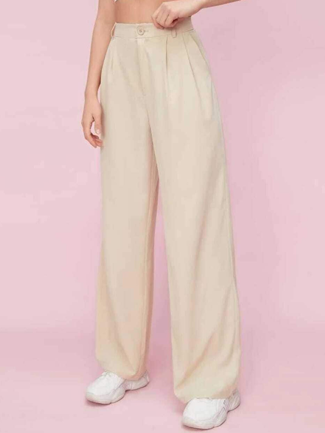 

Next One Women Smart High-Rise Easy Wash Cotton Loose Fit Parallel Trousers, Beige