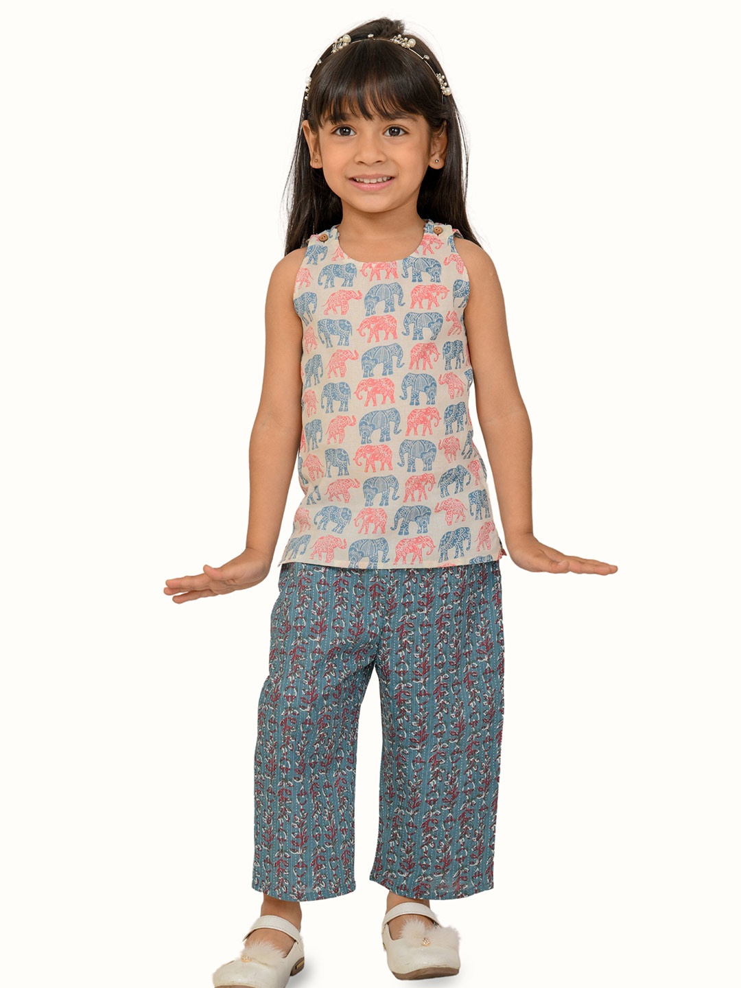 

Tiny Bunnies Girls Ethnic Motifs Printed Top With Trousers, Blue