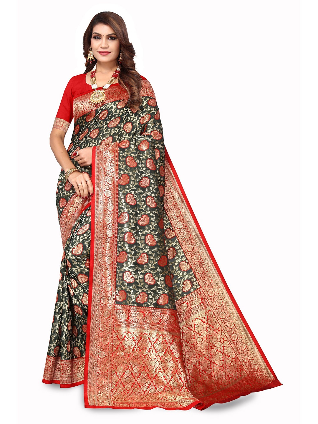 

Varanga Floral Woven Design Zari Organza Banarasi Saree, Olive