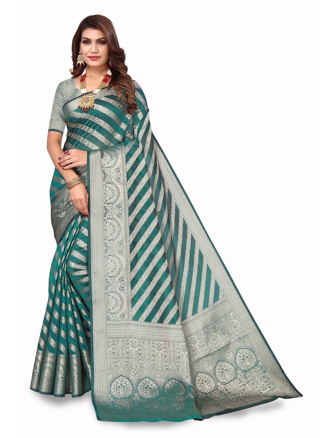 

Varanga Green & Silver-Toned Striped Woven Design Zari Organza Banarasi Saree