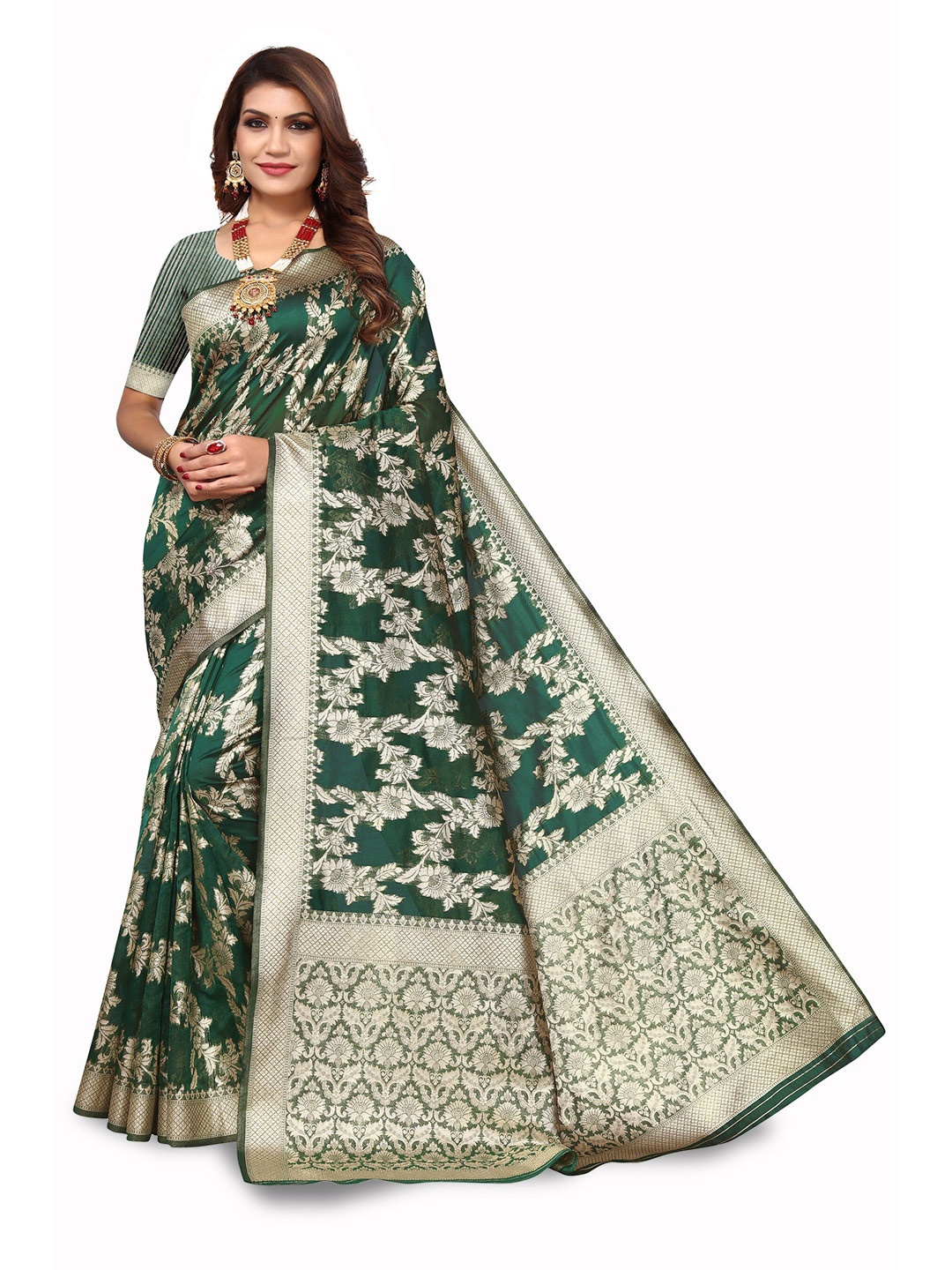 

Varanga Ethnic Motifs Woven Design Zari Organza Banarasi Saree, Green