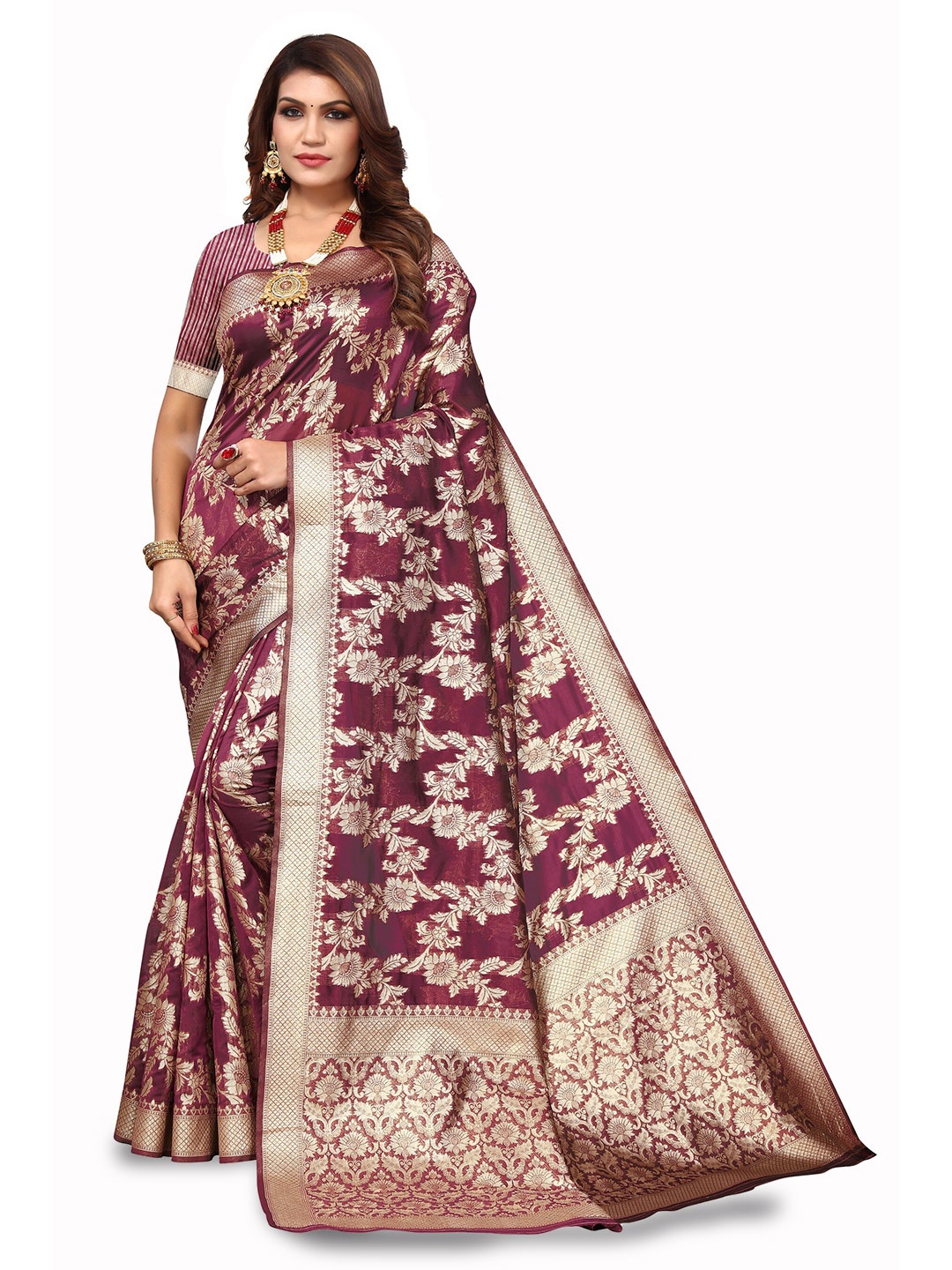 

Varanga Burgundy & Gold-Toned Floral Woven Design Zari Organza Banarasi Saree