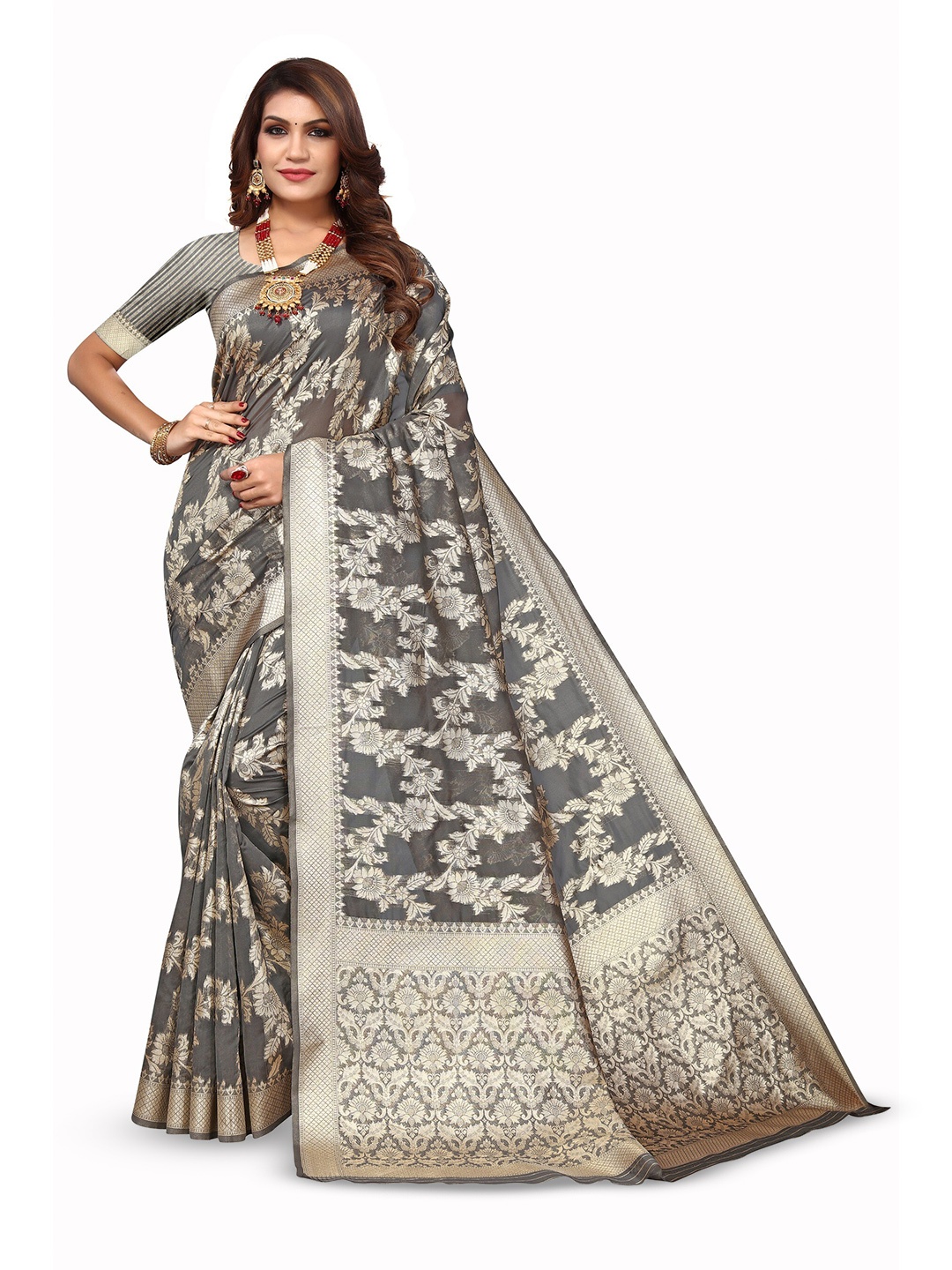 

Varanga Floral Woven Design Zari Organza Banarasi Saree, Grey
