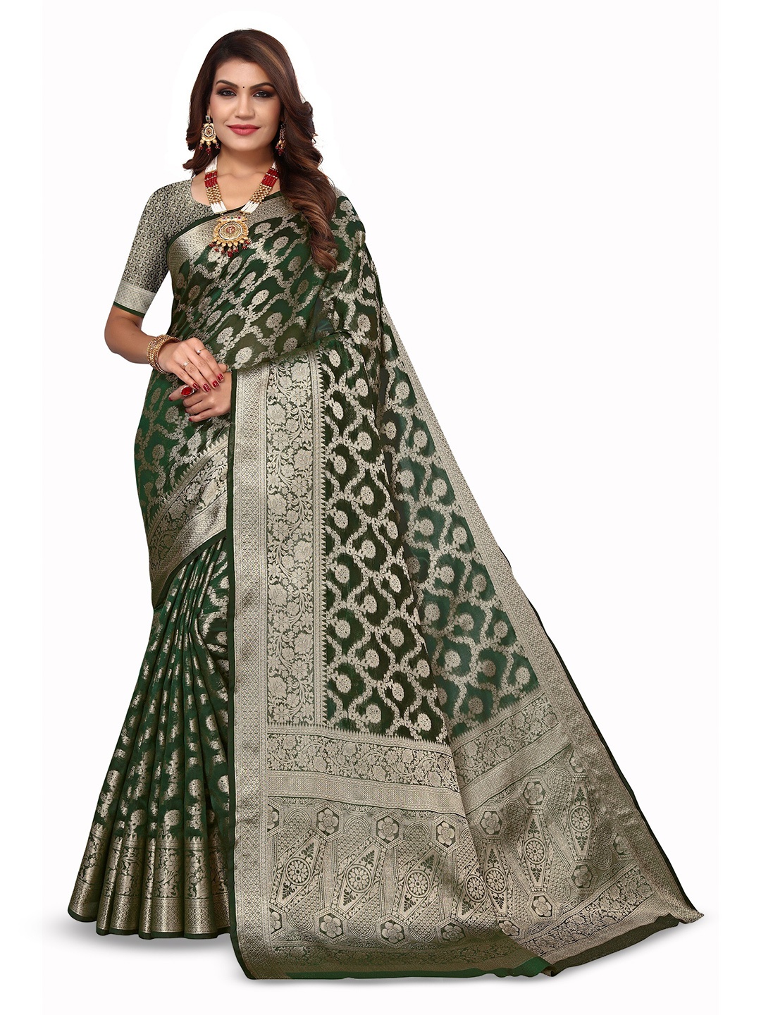 

Varanga Ethnic Motifs Woven Design Zari Organza Banarasi Saree, Green