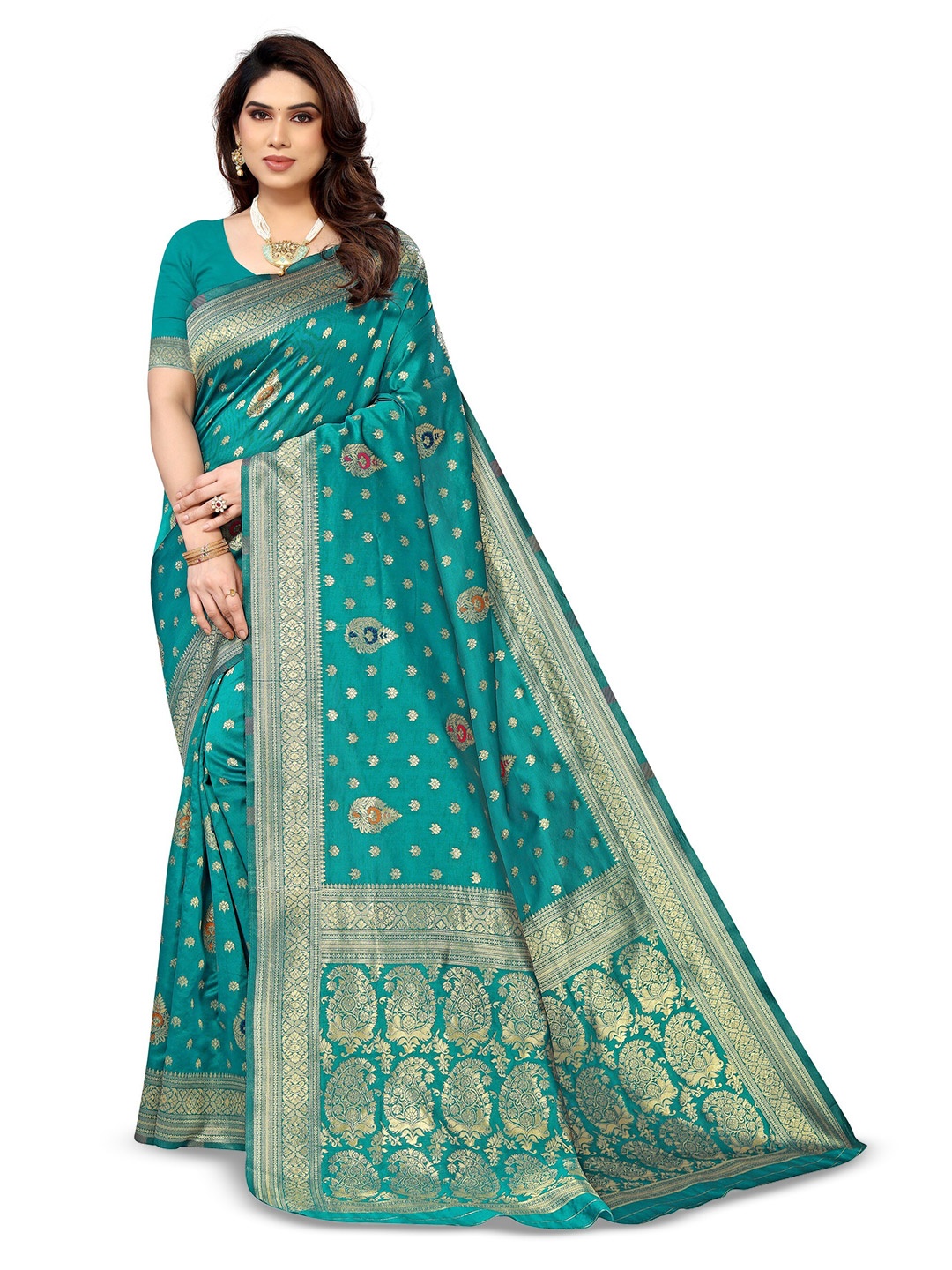 

Varanga Ethnic Motif Woven Design Zari Art Silk Banarasi Saree, Teal