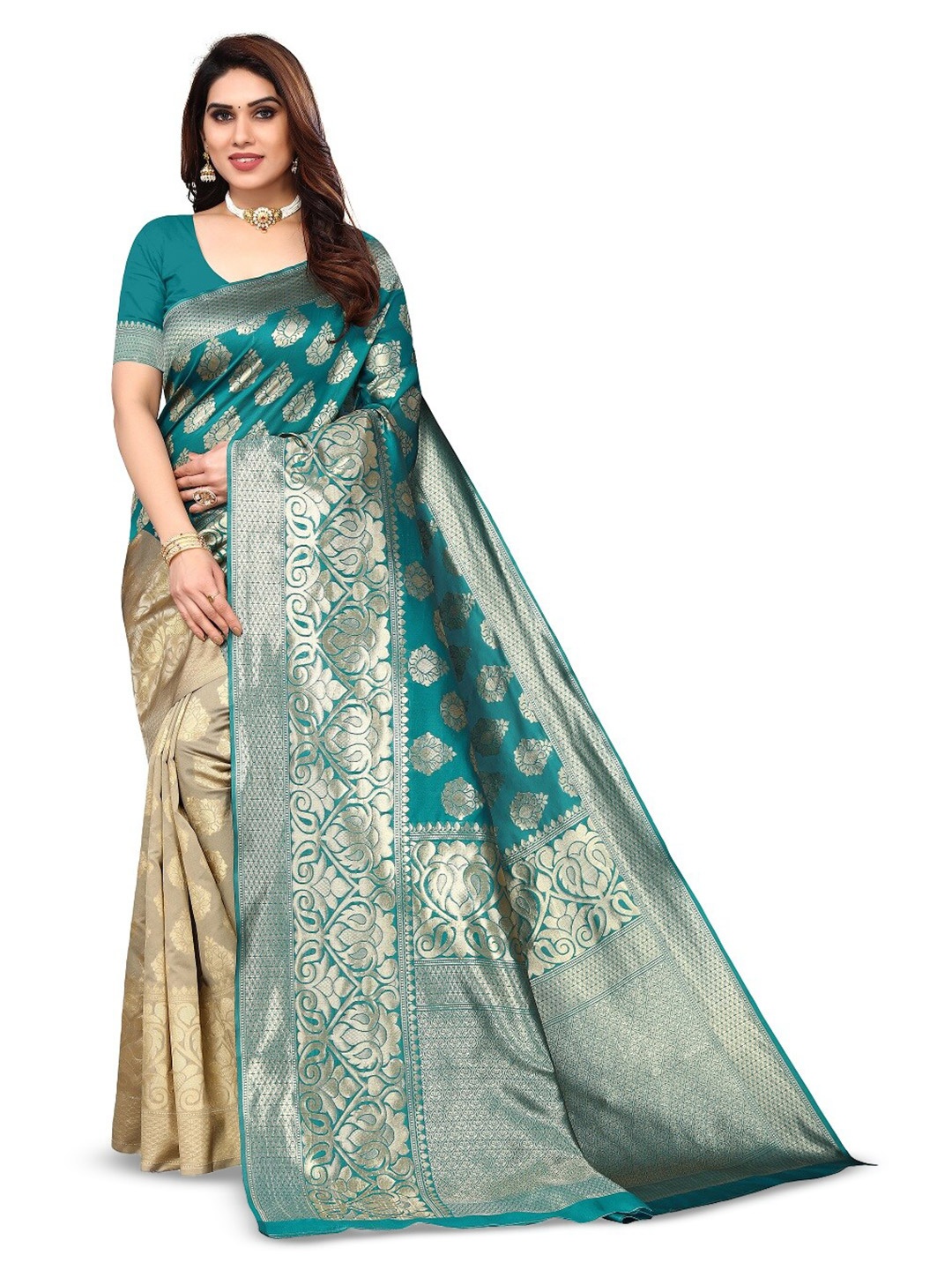 

Varanga Ethnic Motifs Woven Design Zari Banarasi Saree, Teal