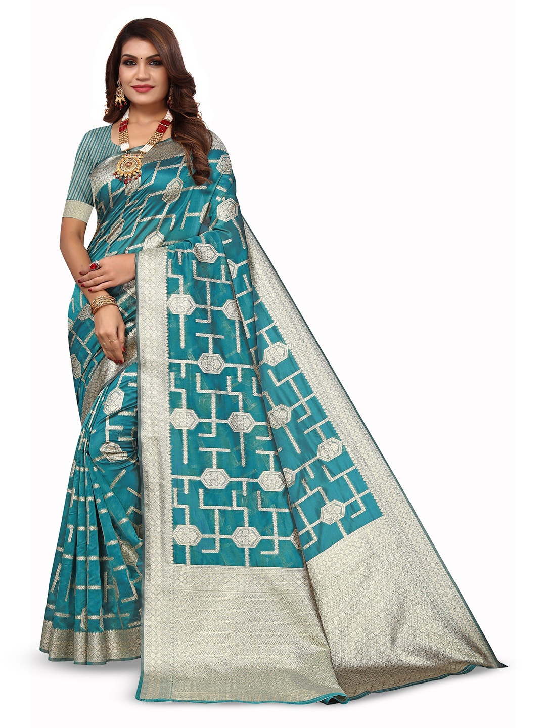 

Varanga Floral Woven Design Zari Organza Banarasi Saree, Turquoise blue