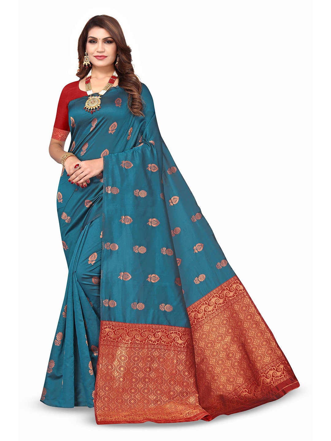 

Varanga Blue & Red Ethnic Motifs Woven Design Zari Banarasi Saree