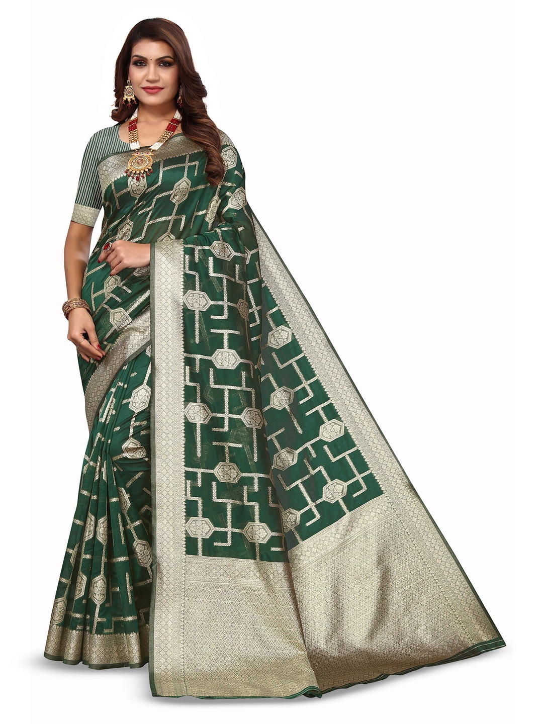 

Varanga Green & Gold-Toned Ethnic Motifs Woven Design Zari Organza Banarasi Saree