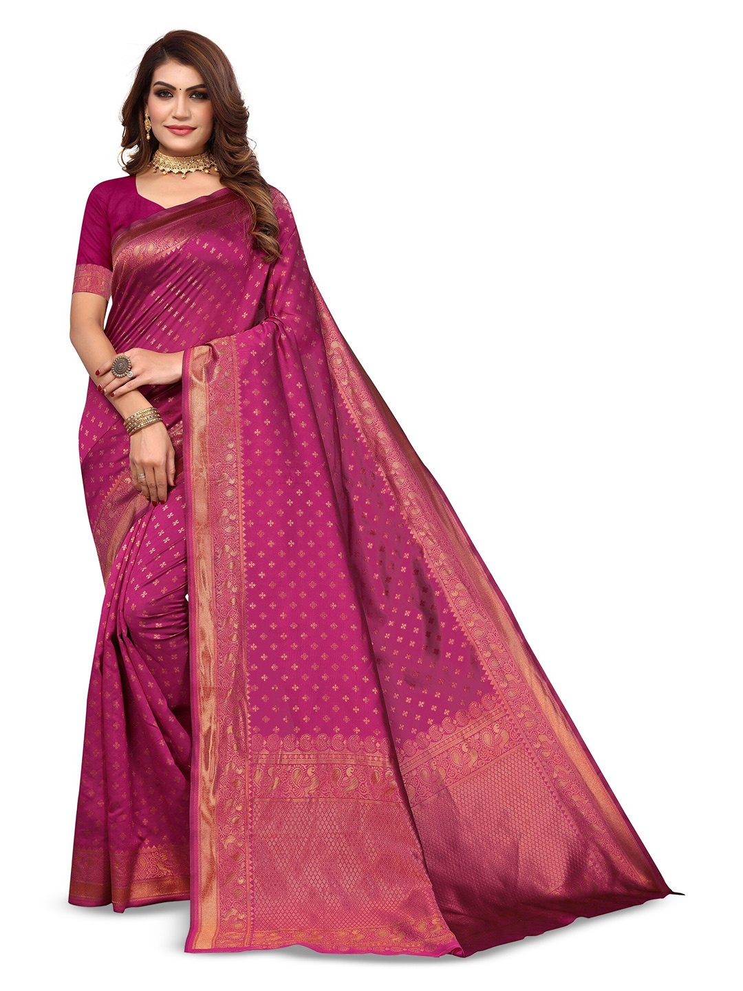 

Varanga Magenta & Gold-Toned Ethnic Motifs Woven Design Zari Banarasi Saree
