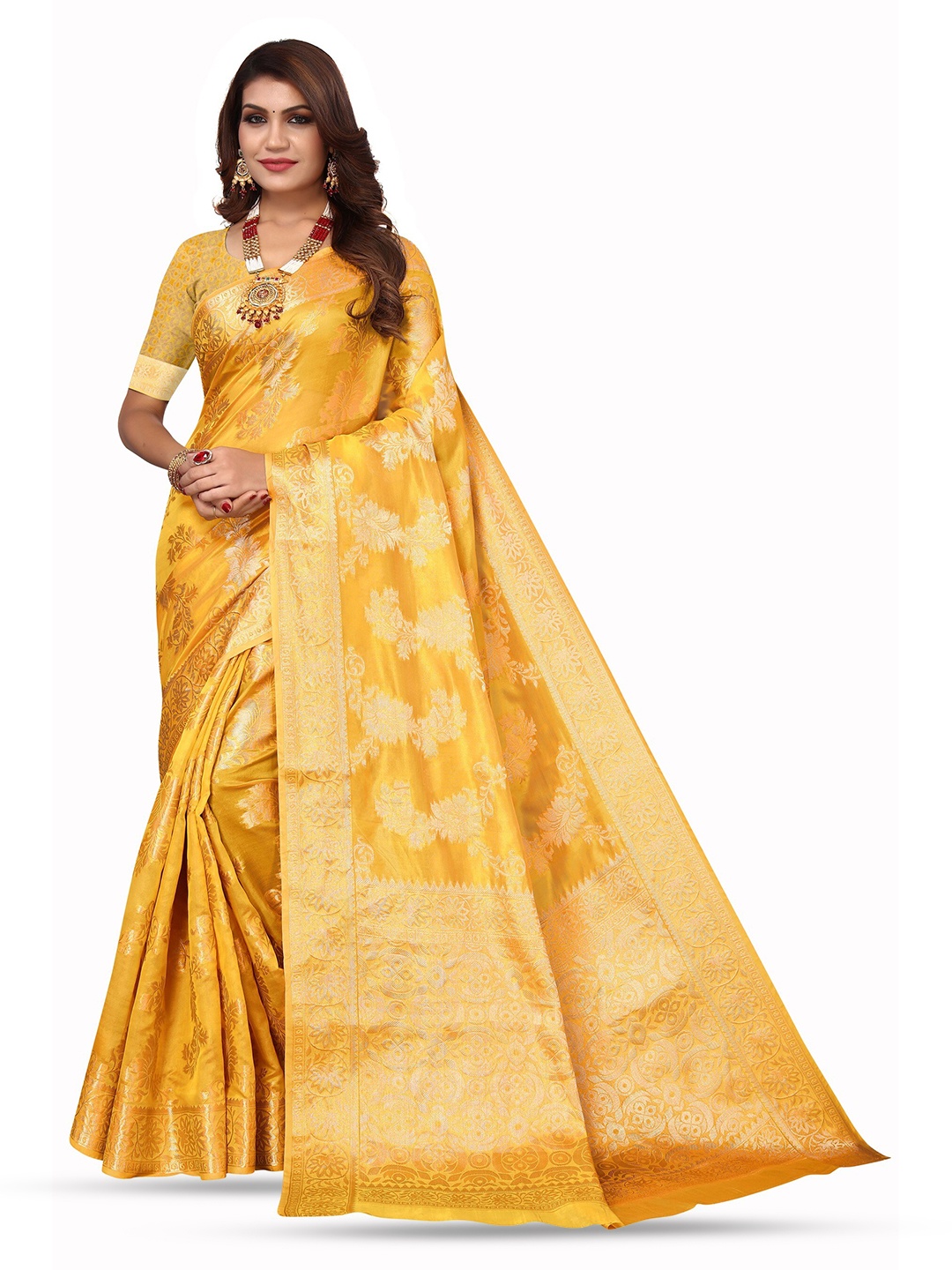 

Varanga Ethnic Motifs Woven Design Zari Organza Banarasi Saree, Yellow
