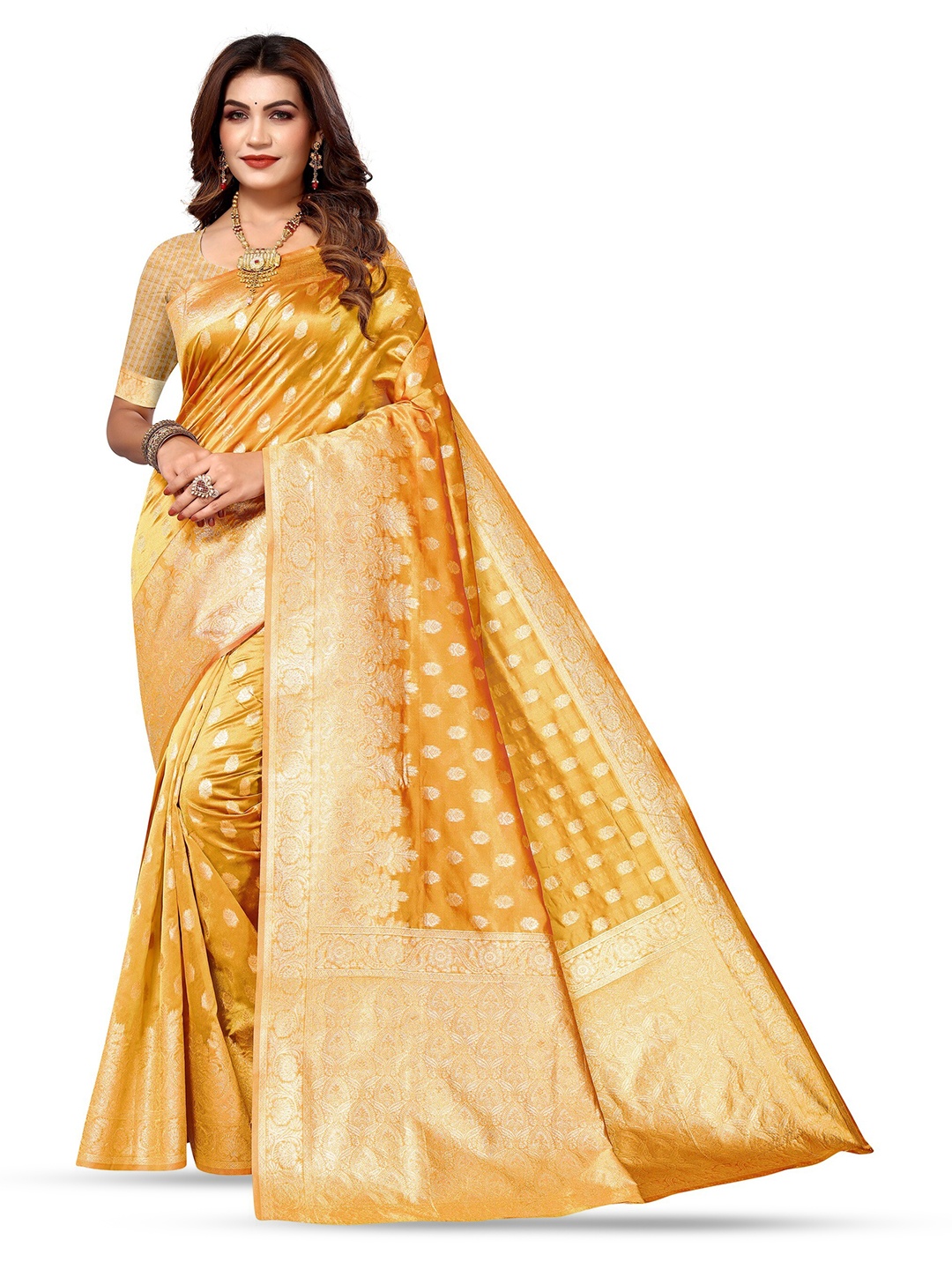 

Varanga Ethnic Motifs Woven Design Zari Organza Banarasi Saree, Mustard