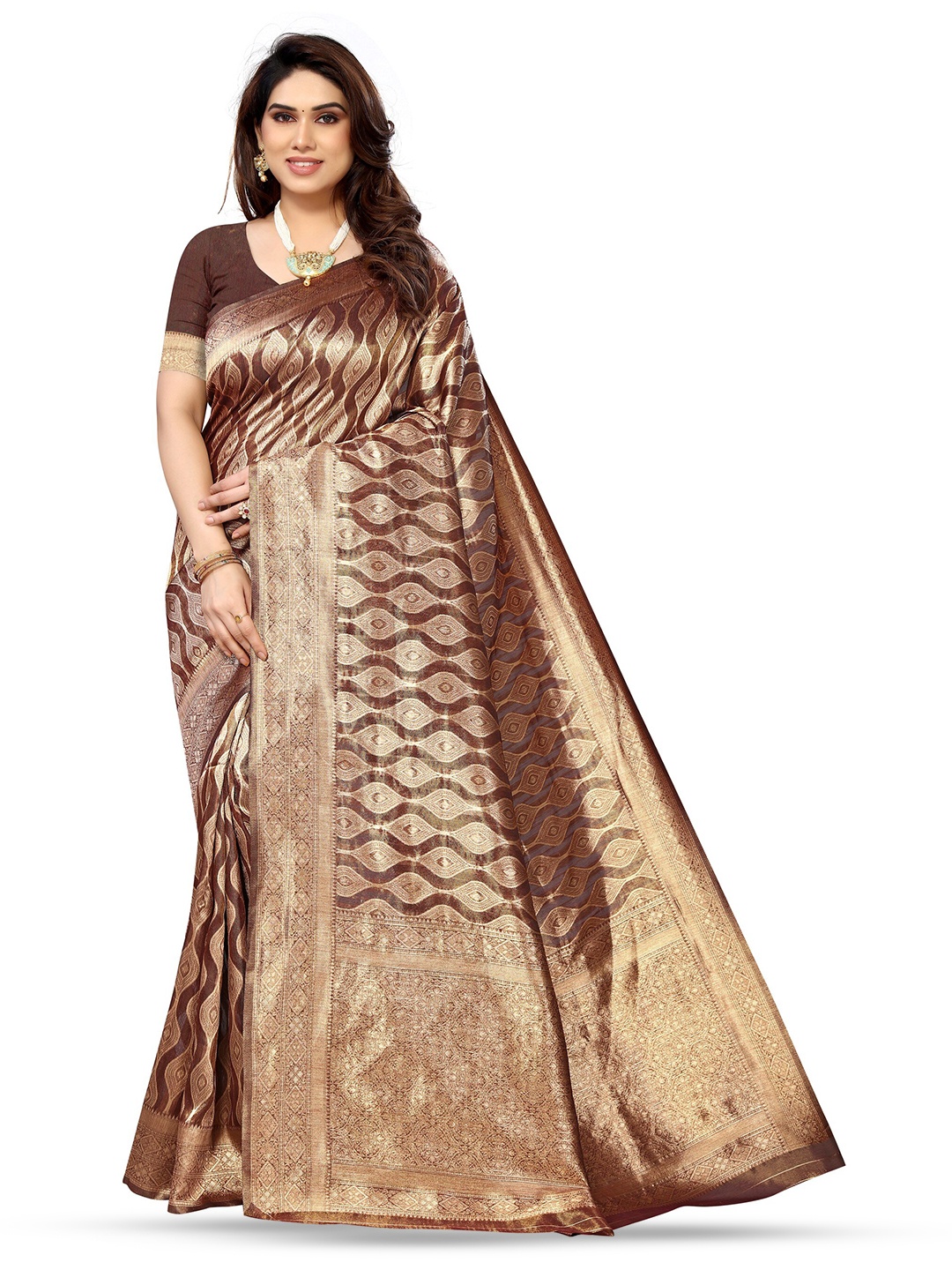 

Varanga Ethnic Motifs Woven Design Zari Organza Banarasi Saree, Coffee brown