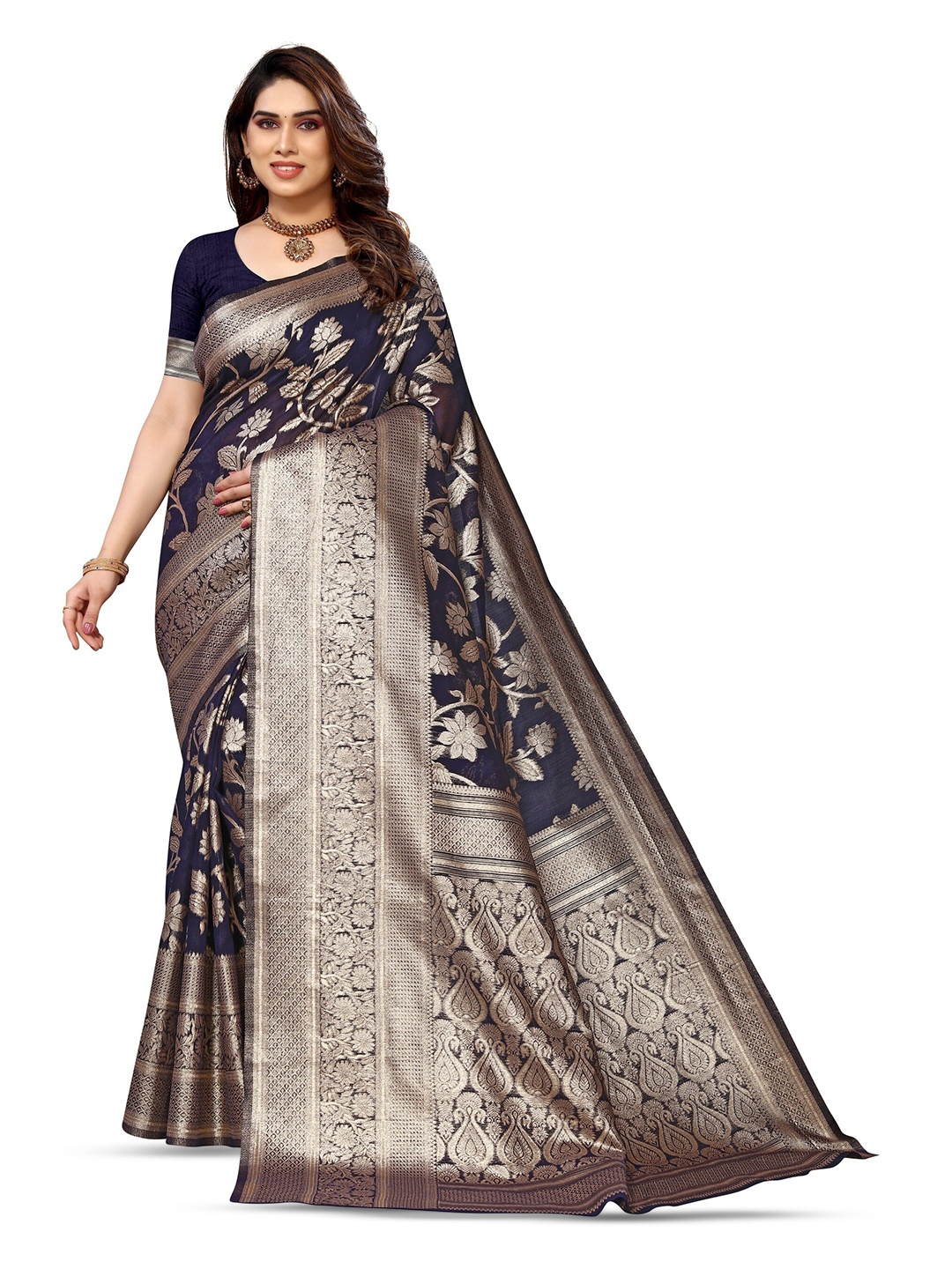 

Varanga Ethnic Motif Woven Design Zari Organza Banarasi Saree, Navy blue