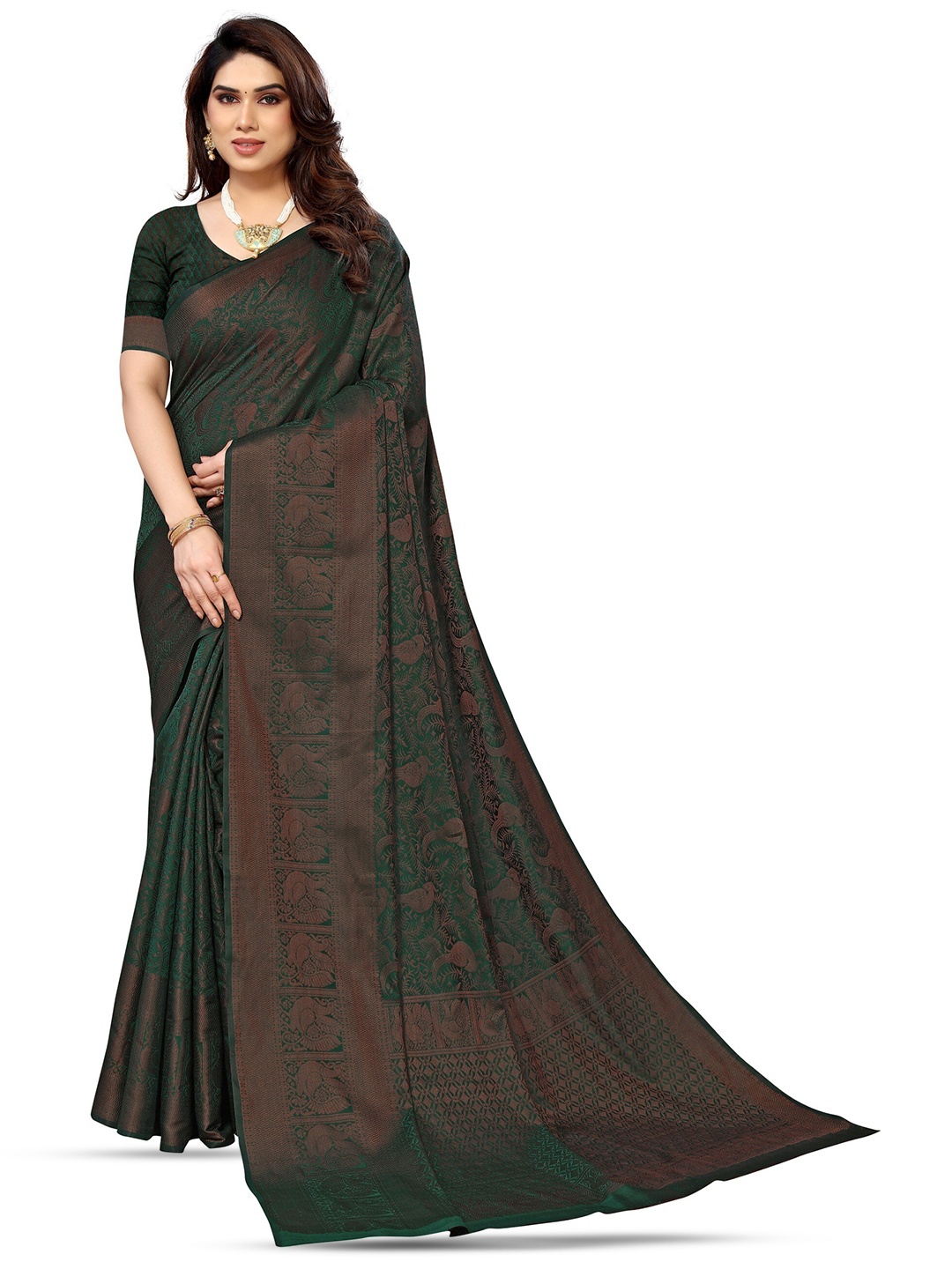 

Varanga Green & Gold-Toned Ethnic Motifs Woven Design Zari Organza Banarasi Saree