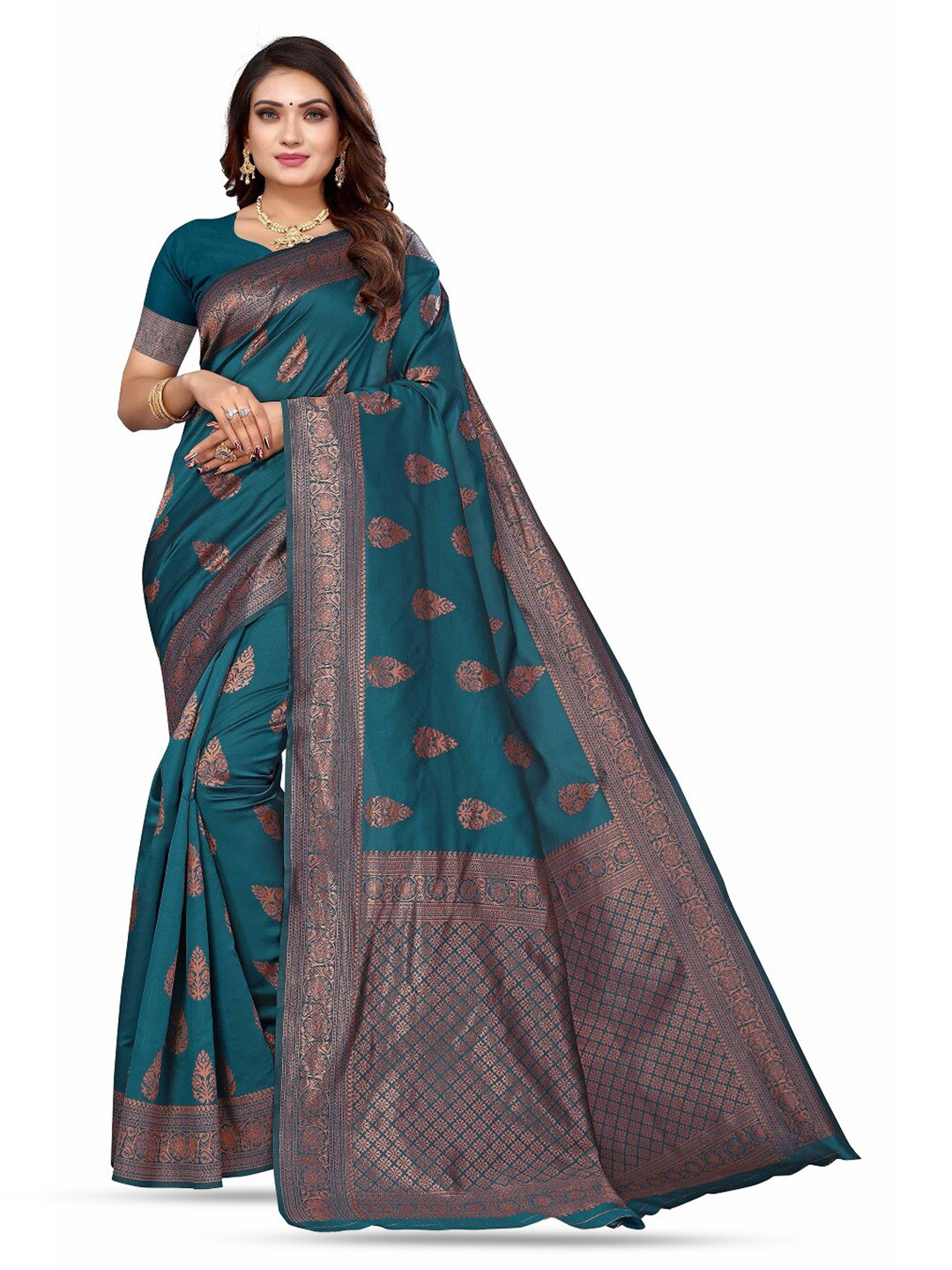 

Varanga Ethnic Motifs Woven Design Zari Banarasi Saree, Teal