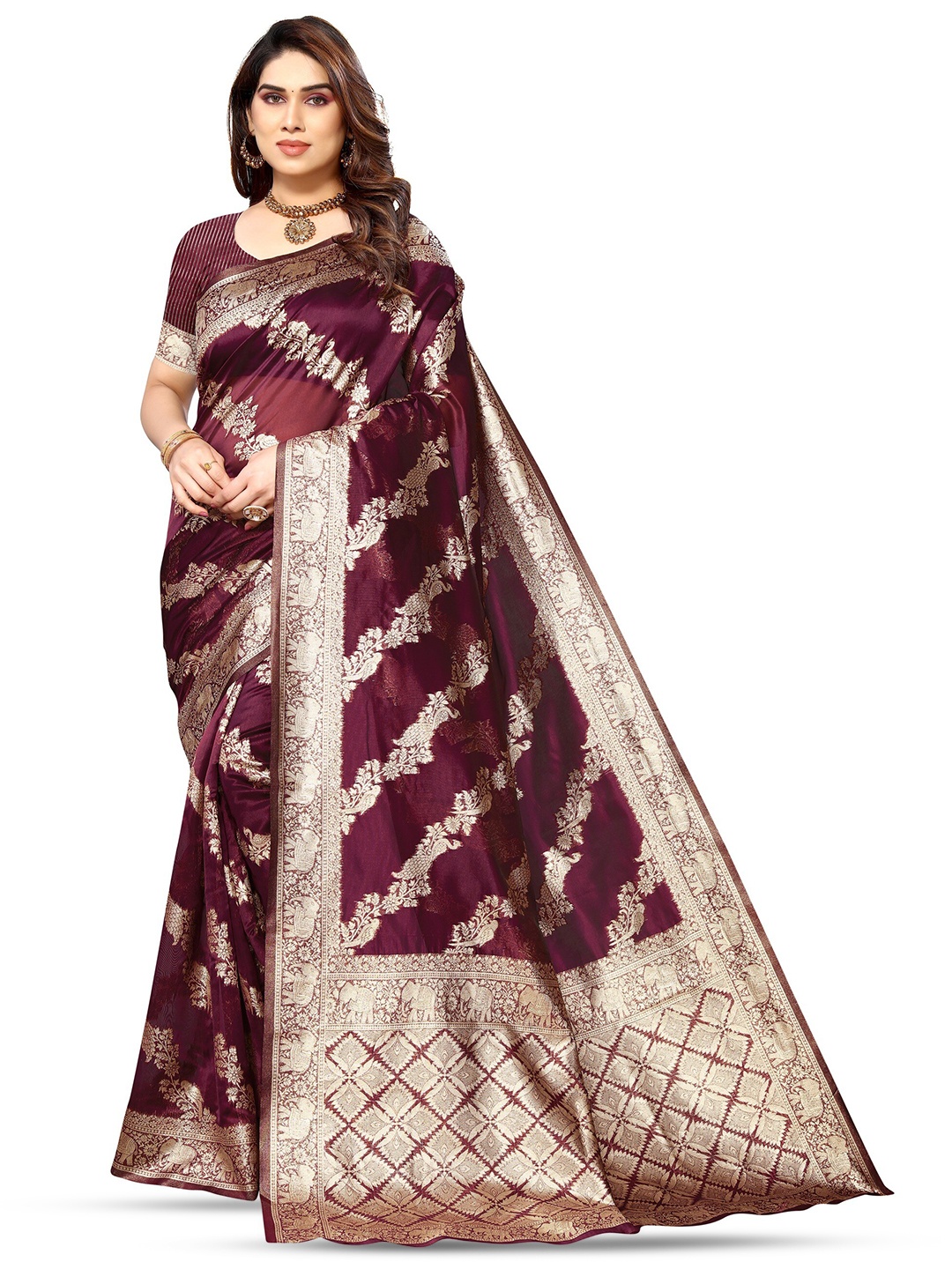 

Varanga Ethnic Motif Woven Design Zari Organza Banarasi Saree, Burgundy