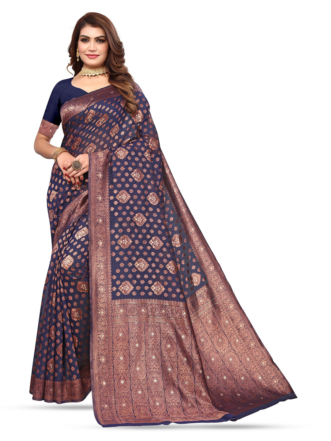 

Varanga Ethnic Motifs Woven Design Zari Banarasi Saree, Navy blue