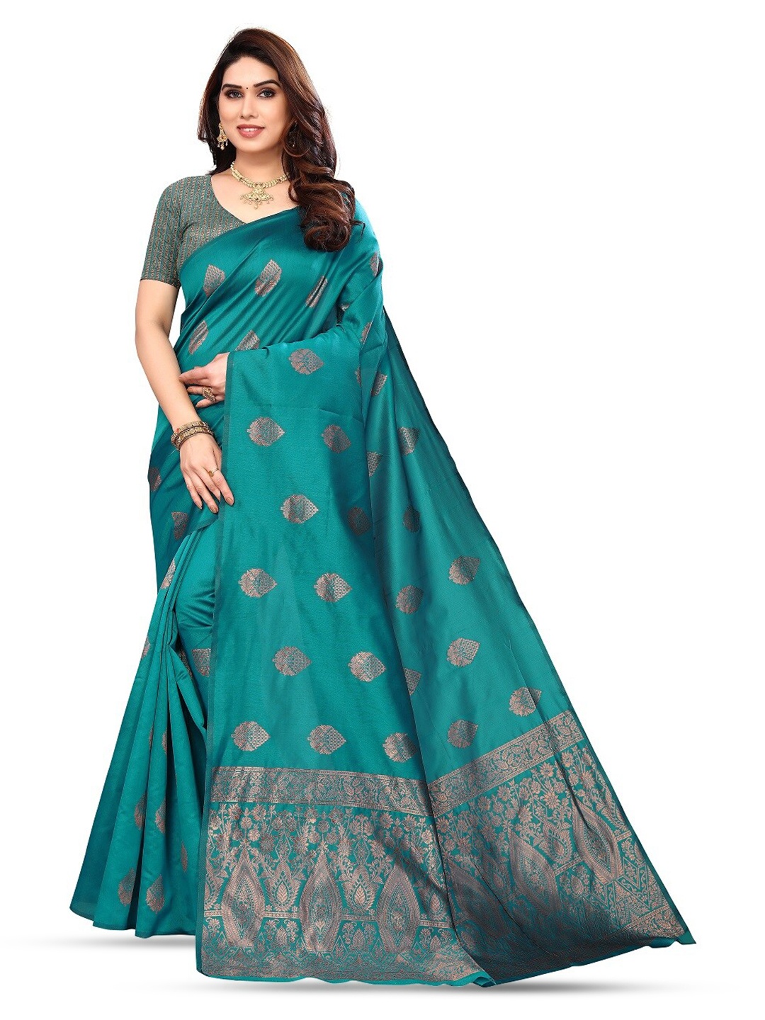 

Varanga Teal & Gold-Toned Ethnic Motifs Ethnic Motifs Zari Banarasi Saree