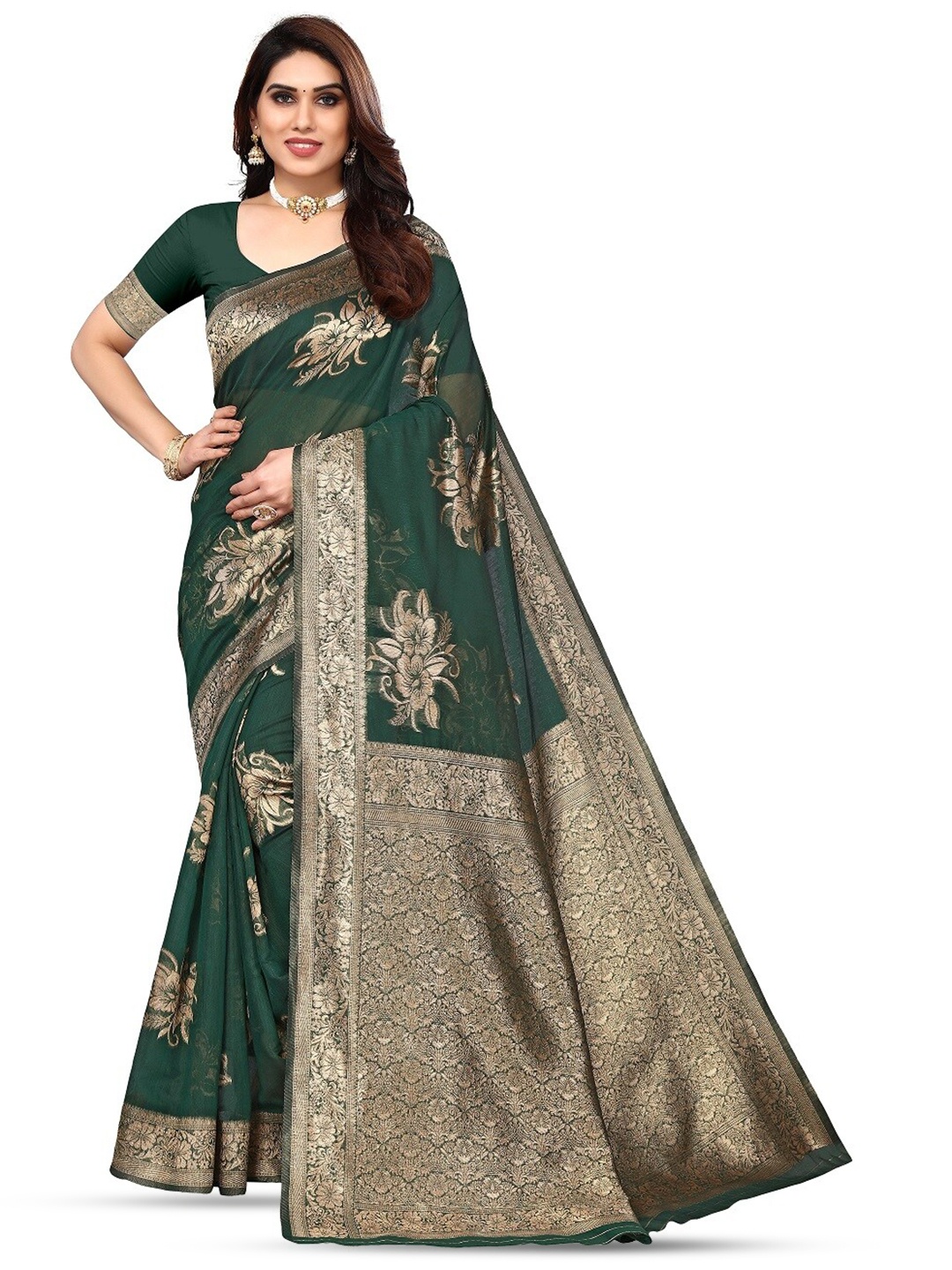 

Varanga Floral Woven Design Zari Banarasi Saree, Green