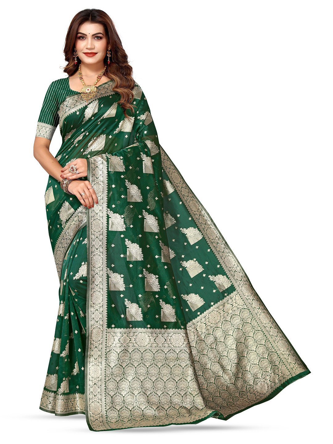 

Varanga Ethnic Motifs Woven Design Zari Organza Banarasi Saree, Green