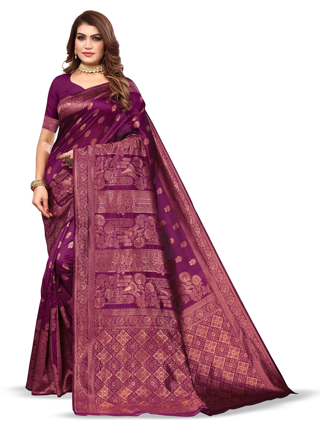 

Varanga Violet & Gold-Toned Ethnic Motifs Woven Design Zari Banarasi Saree