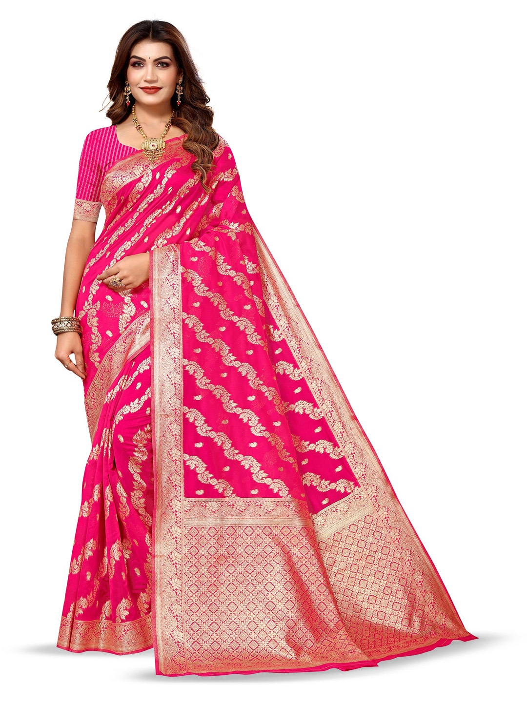 

Varanga Floral Woven Design Zari Organza Banarasi Saree, Fuchsia