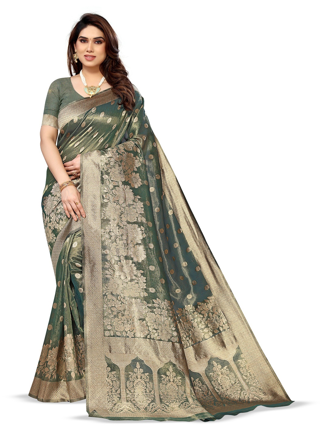 

Varanga Ethnic Motifs Woven Design Zari Organza Banarasi Saree, Olive