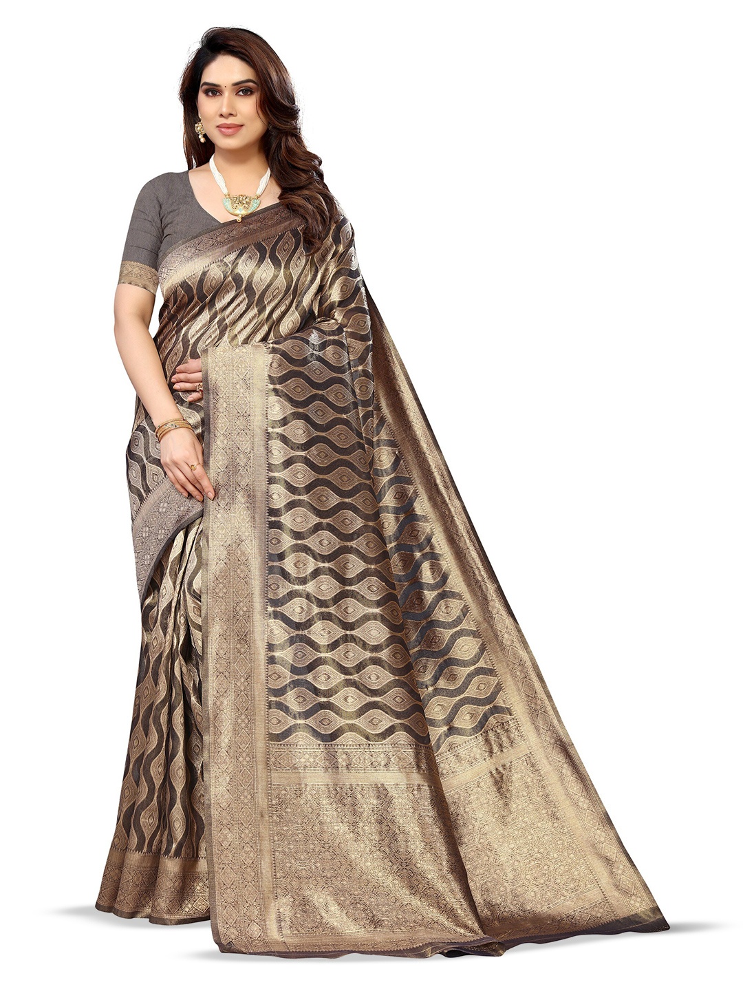 

Varanga Grey & Gold-Toned Ethnic Motifs Woven Design Zari Organza Banarasi Saree