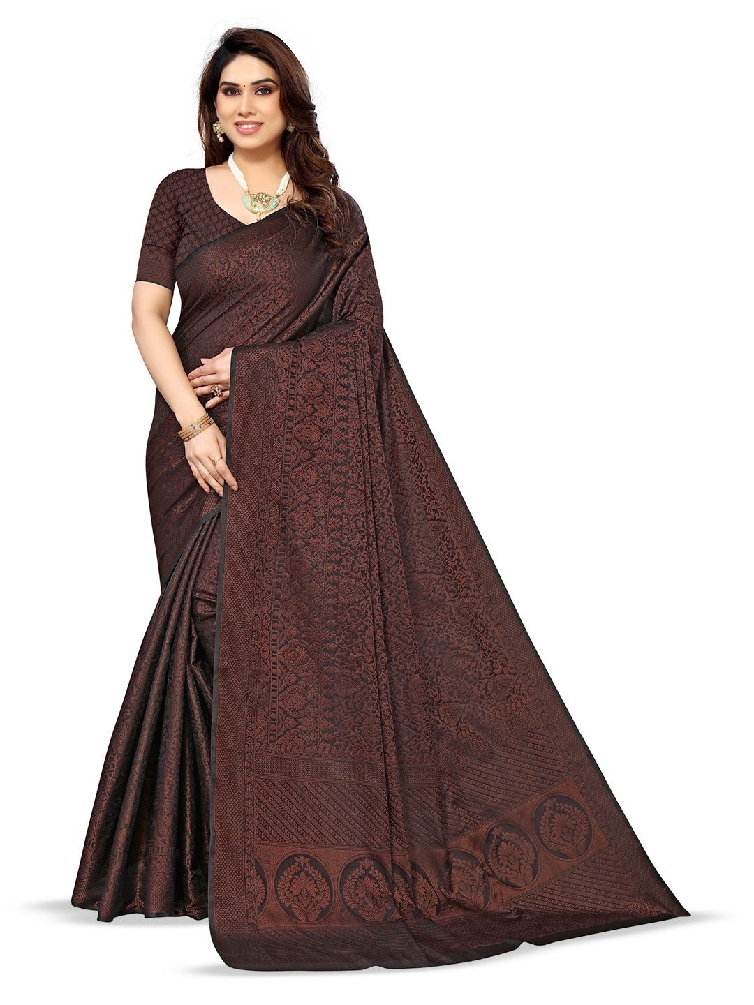 

Varanga Ethnic Motif Woven Design Zari Banarasi Saree, Coffee brown