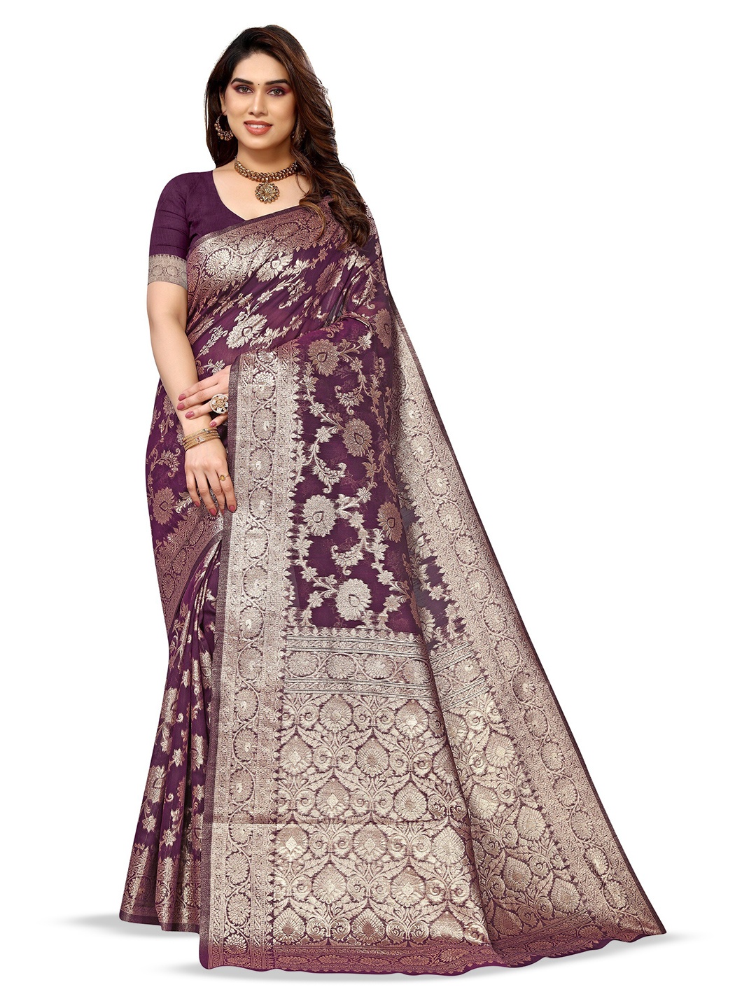 

Varanga Burgundy & Gold-Toned Ethnic Motifs Woven Design Zari Organza Banarasi Saree