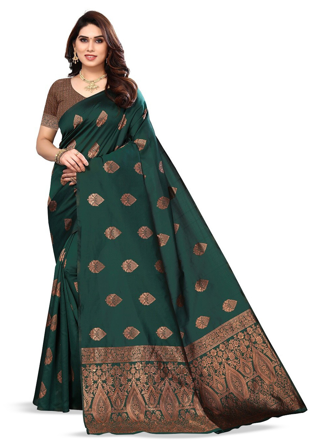 

Varanga Green & Copper-Toned Ethnic Motifs Woven Design Zari Banarasi Saree