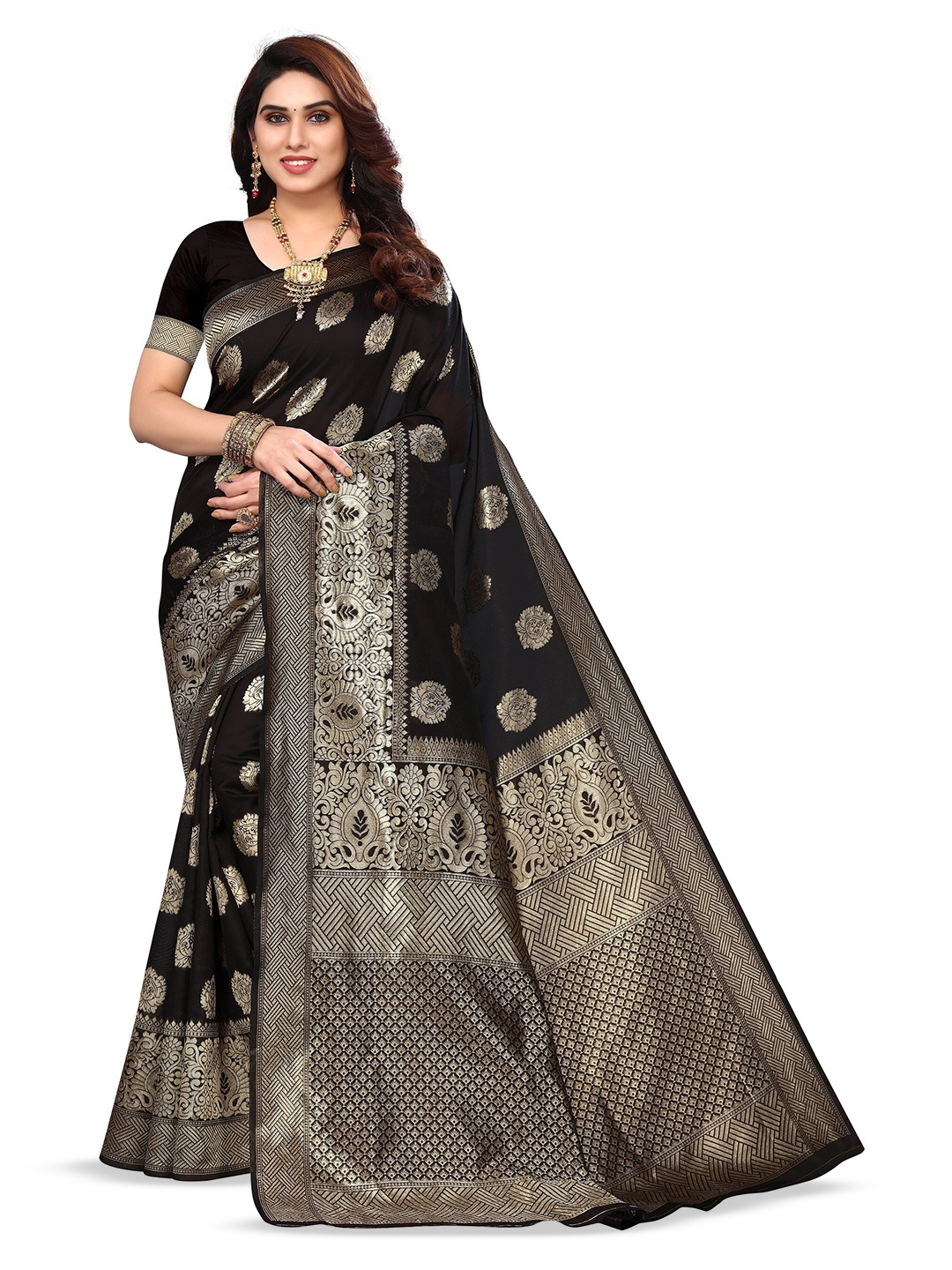 

Varanga Ethnic Motifs Woven Design Zari Art Silk Banarasi Saree, Black