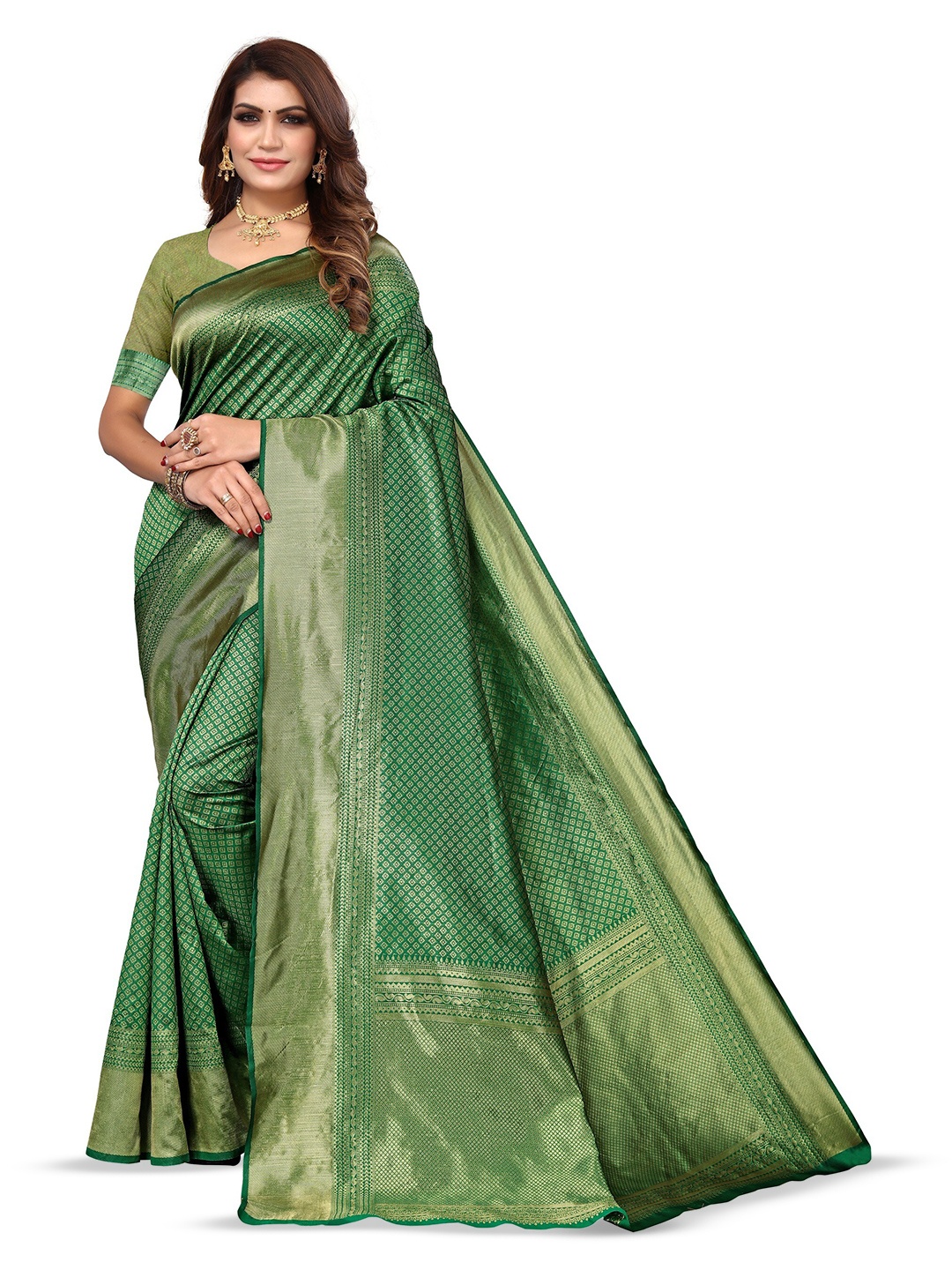 

Varanga Ethnic Motifs Woven Design Zari Banarasi Saree, Green
