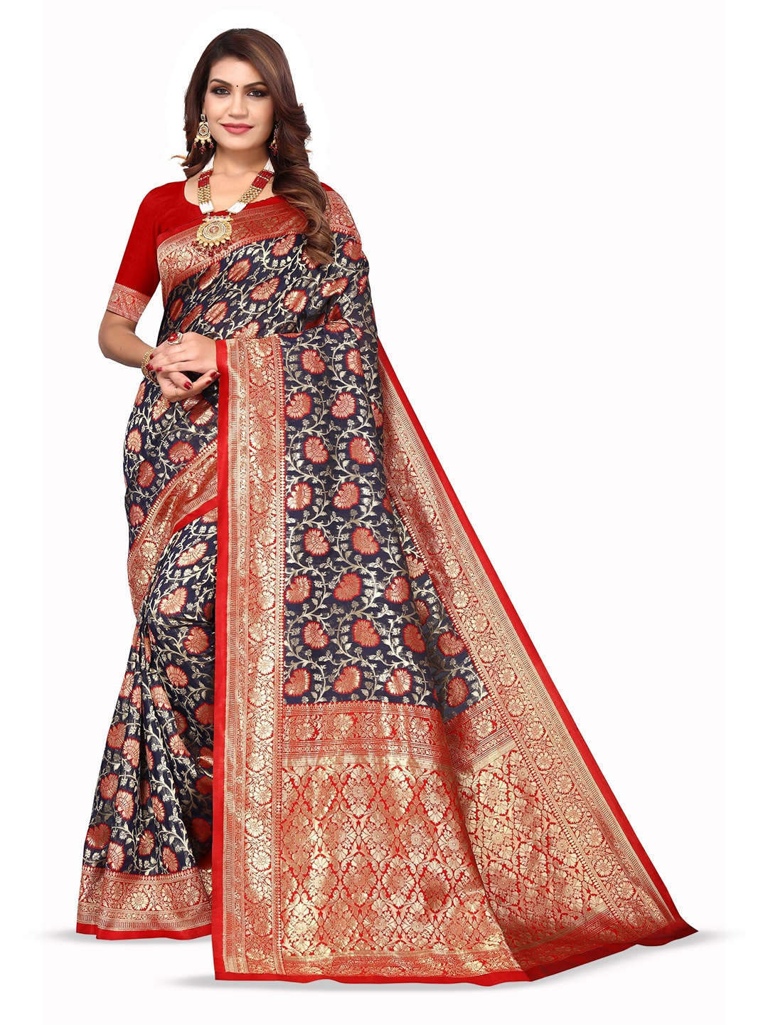 

Varanga Woven Design Zari Organza Banarasi Saree, Navy blue