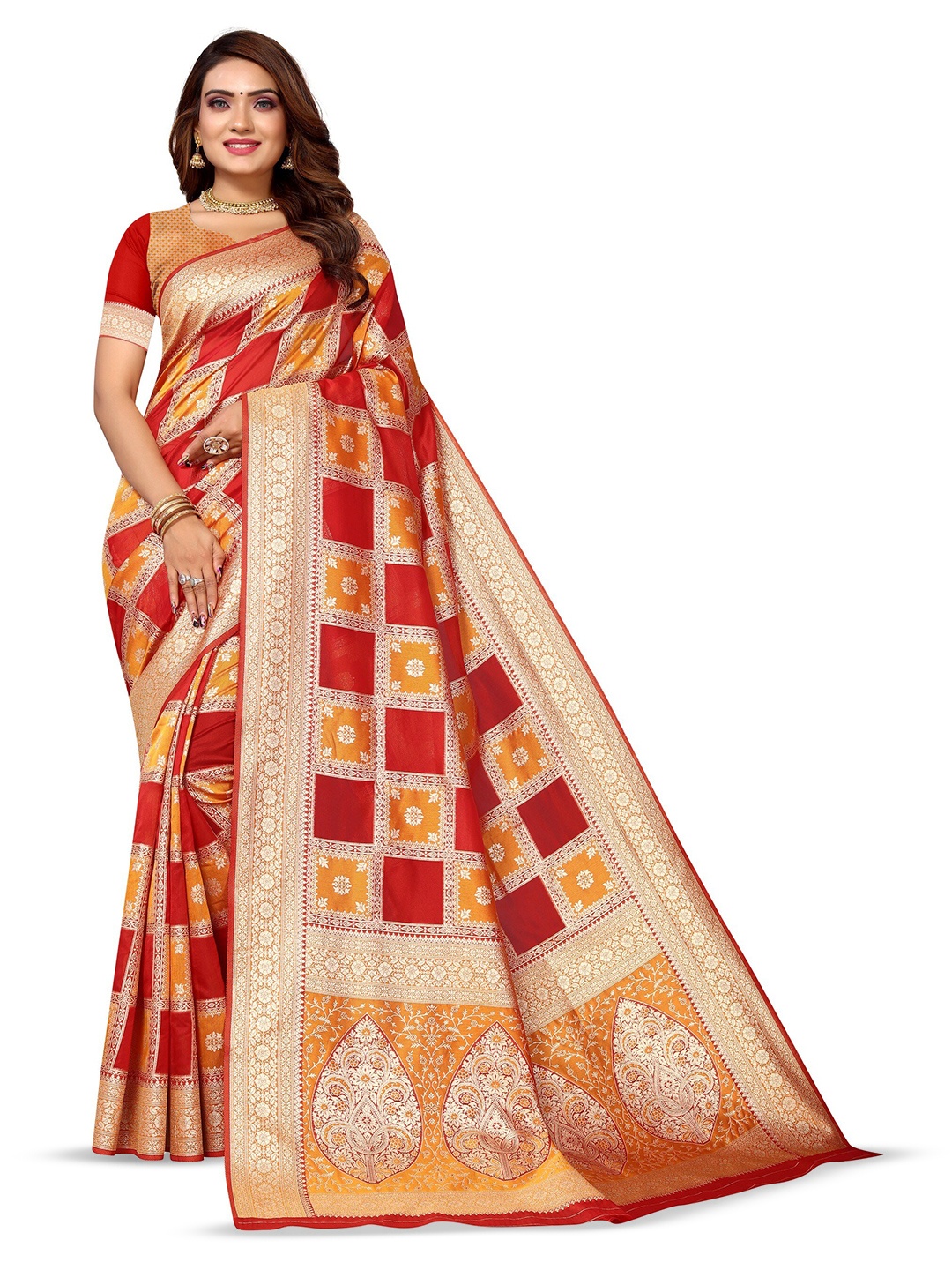 

Varanga Mustard & Red Ethnic Motifs Woven Design Zari Organza Banarasi Saree