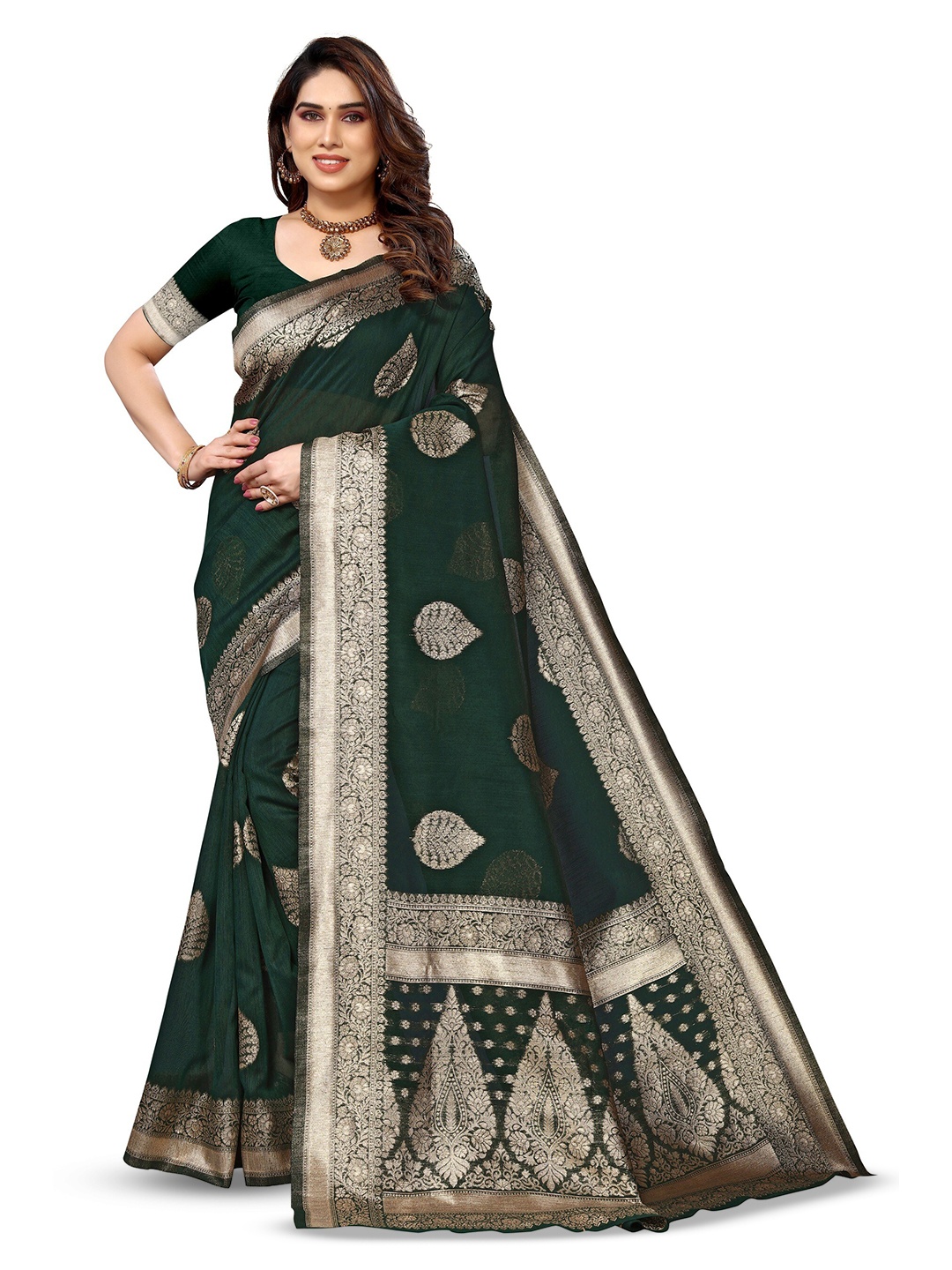 

Varanga Ethnic Motif Woven Design Zari Organza Banarasi Saree, Green
