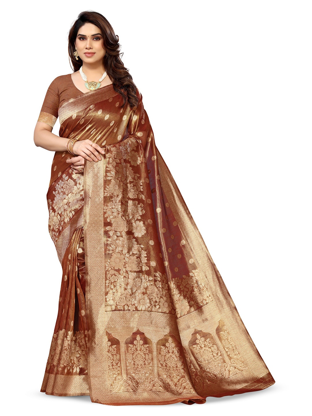 

Varanga Brown & Gold-Toned Ethnic Motifs Woven Design Zari Organza Banarasi Saree