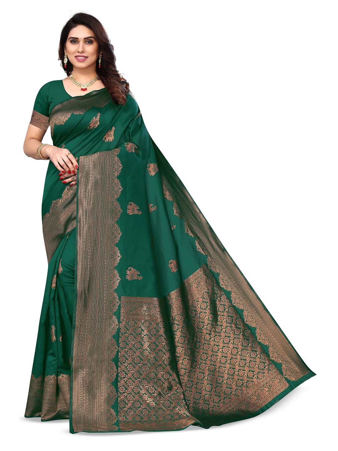 

Varanga Green & Gold-Toned Ethnic Motifs Woven Design Zari Banarasi Saree