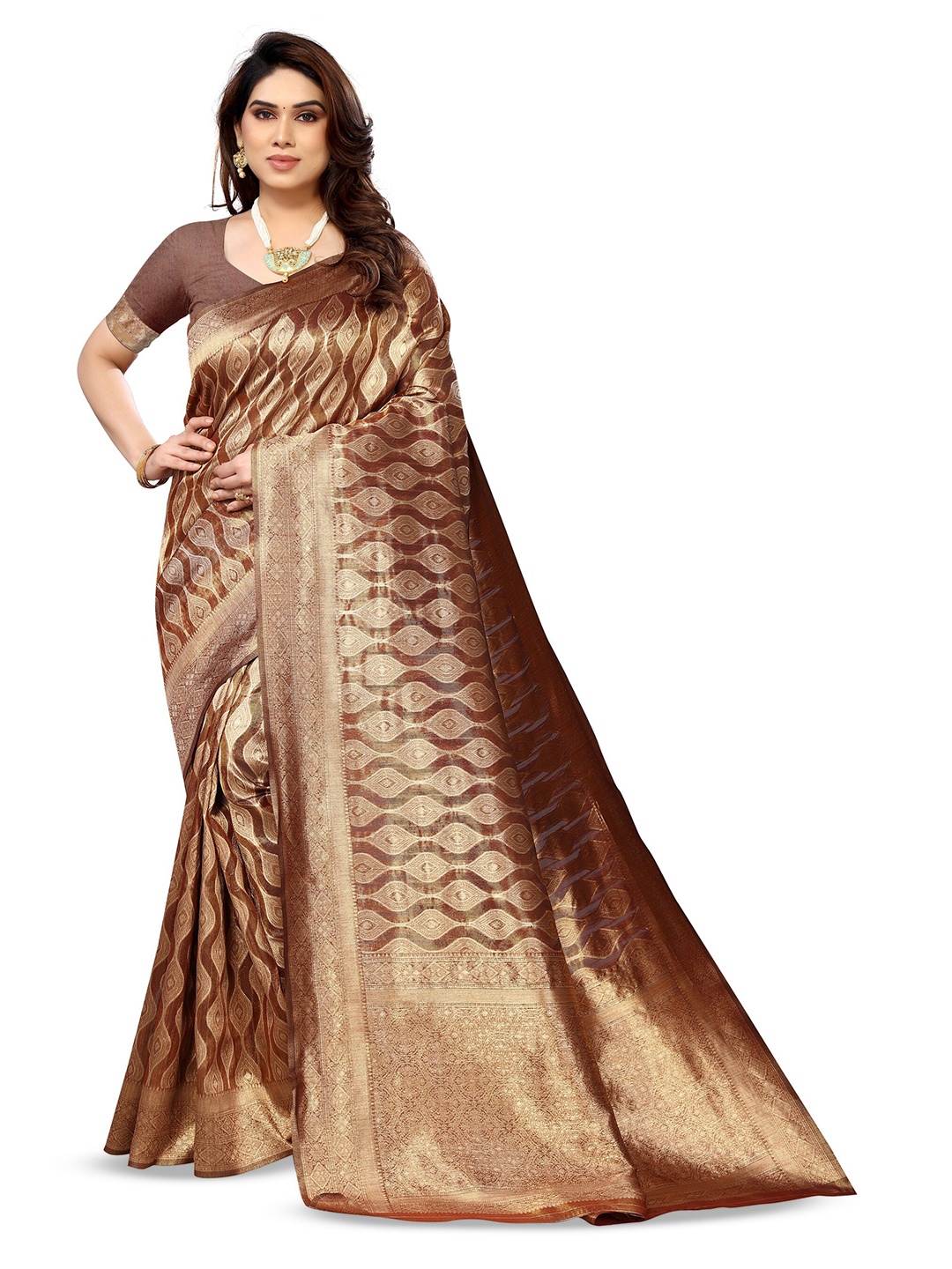 

Varanga Brown & Gold-Toned Ethnic Motifs Woven Design Zari Organza Banarasi Saree