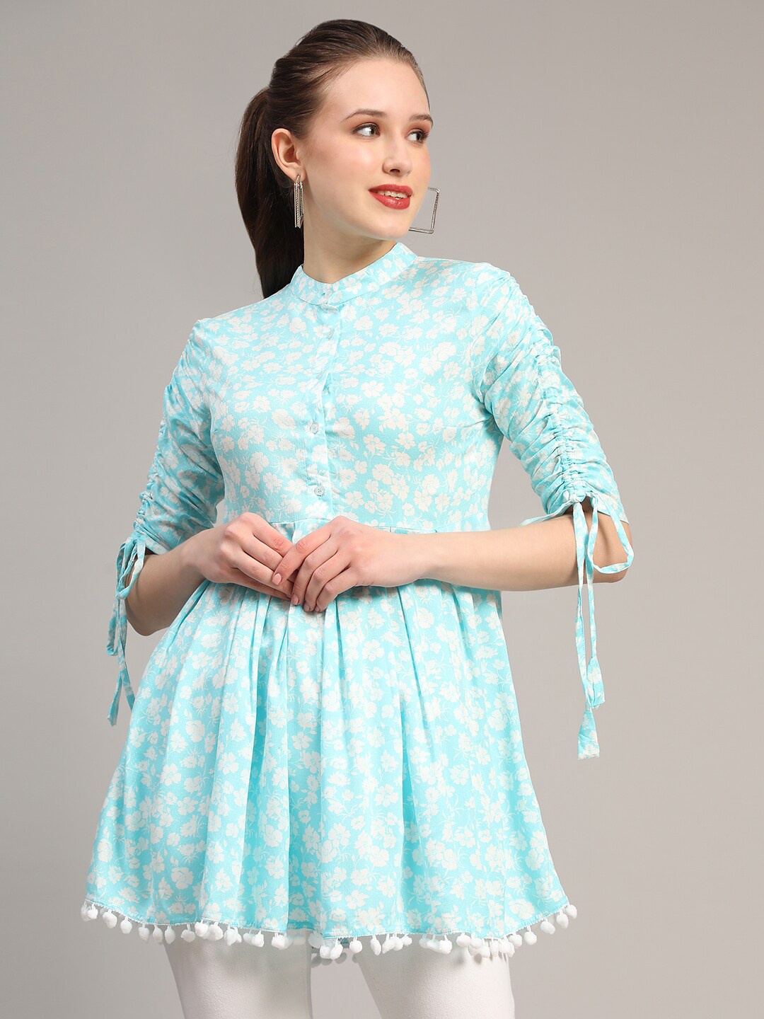 

Pomegal Floral Printed Mandarin Collar Empire Top, Blue
