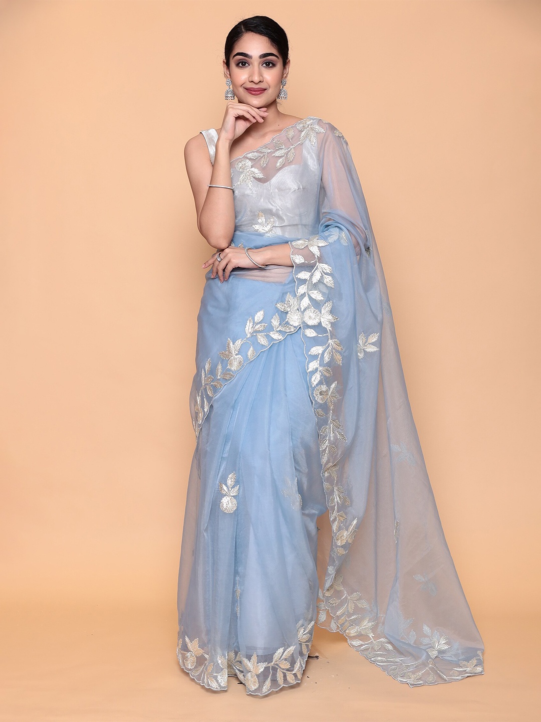 

ZARI Floral Embroidered Organza Saree, Blue