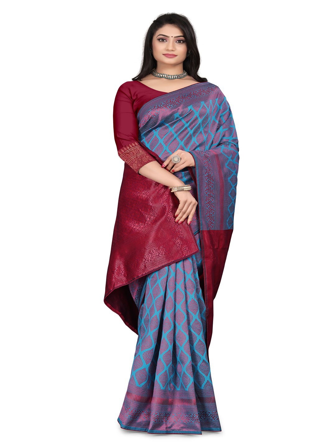 

SHIJILA Ethnic Motifs Woven Design Zari Pure Silk Kanjeevaram Saree, Blue