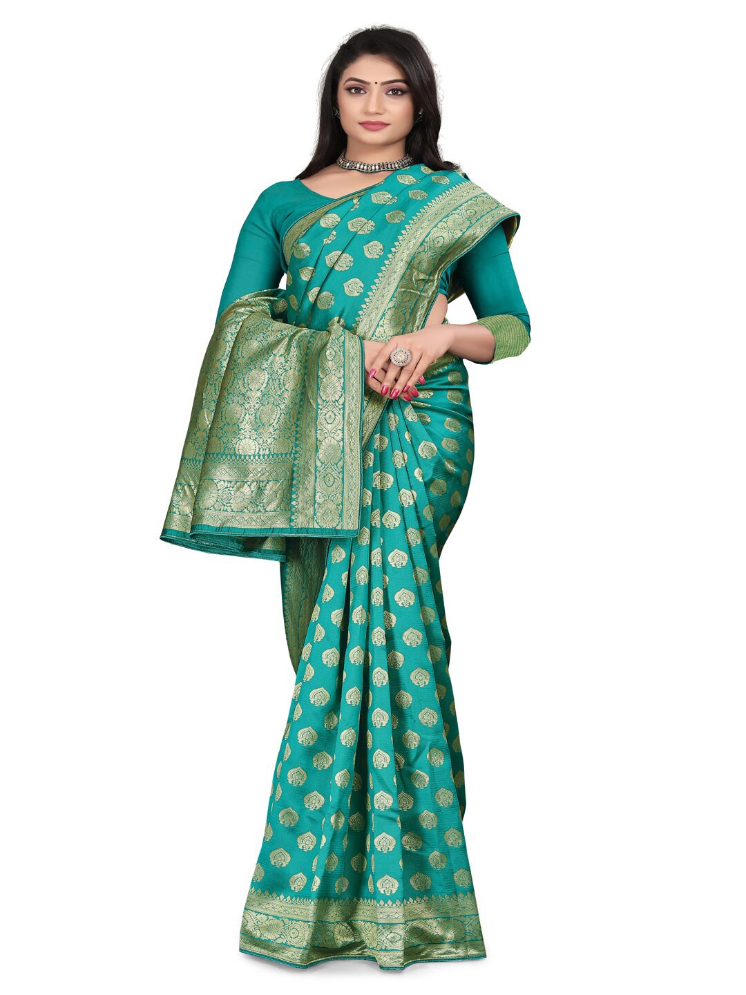 

SHIJILA Ethnic Motifs Woven Design Zari Pure Silk Kanjeevaram Saree, Teal